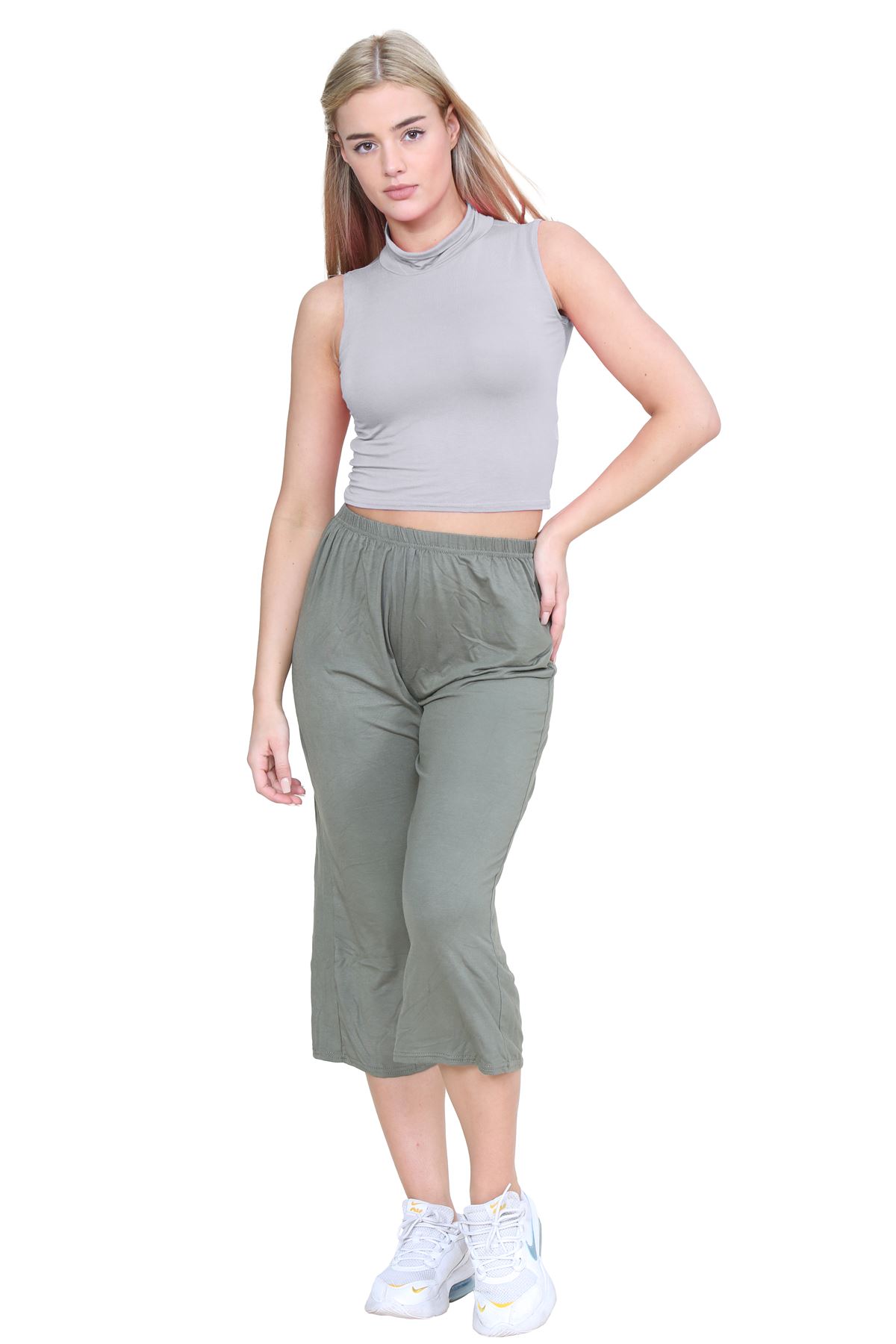 Womens Sleeveless Crop Top Ladies High Turtle Neck Plain Stretchy T-Shirt Vest - Picture 51 of 165