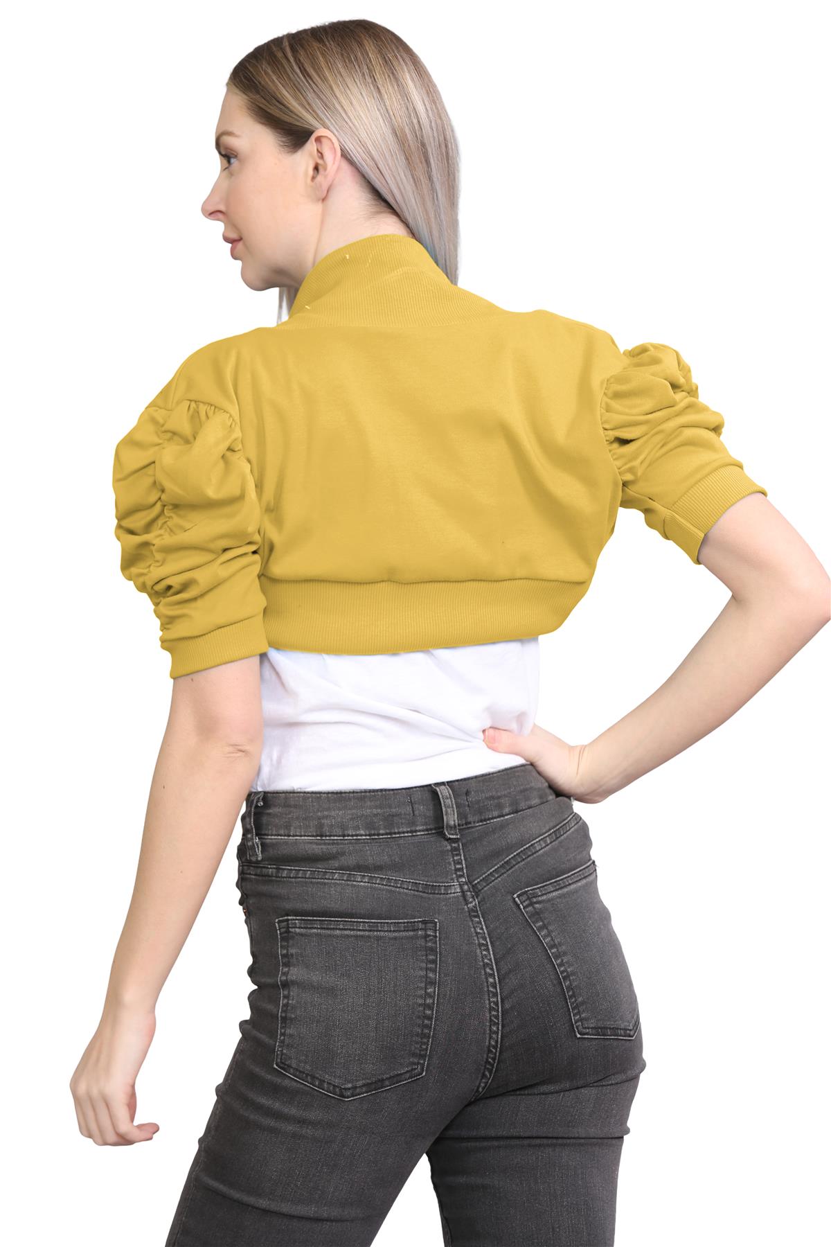 Womens Bolero Shrug Ruched Puff Sleeves Plain Open Cardigan Soft Cotton Crop Top - Picture 54 of 100