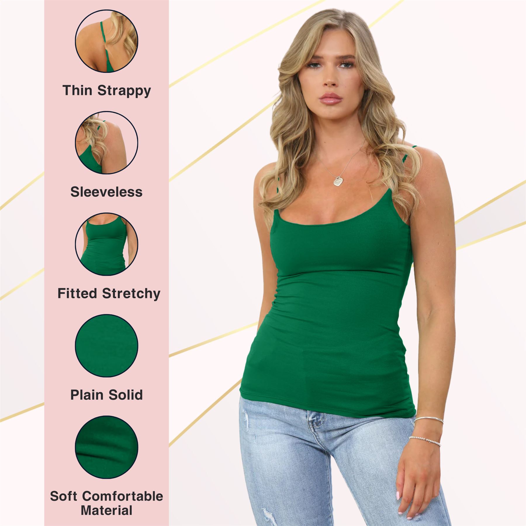 Womens Bodycon Cami Strappy Tank Top Plain Summer Activewear Vest Top, Pack of 3 - Picture 19 of 221