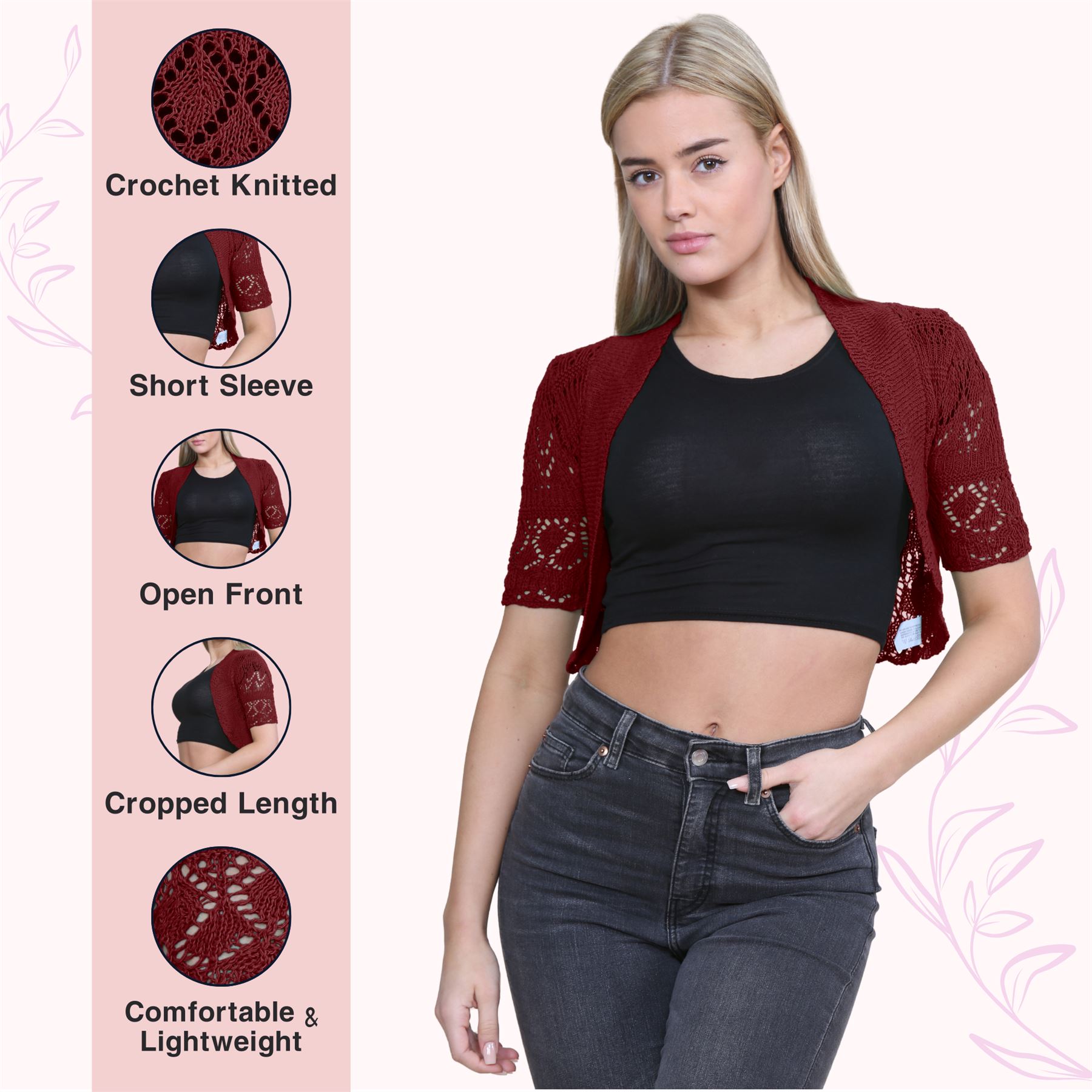 Womens Crochet Knitted Bolero Shrug Short Sleeve Open Front Cardigan Crop Top - Picture 178 of 186