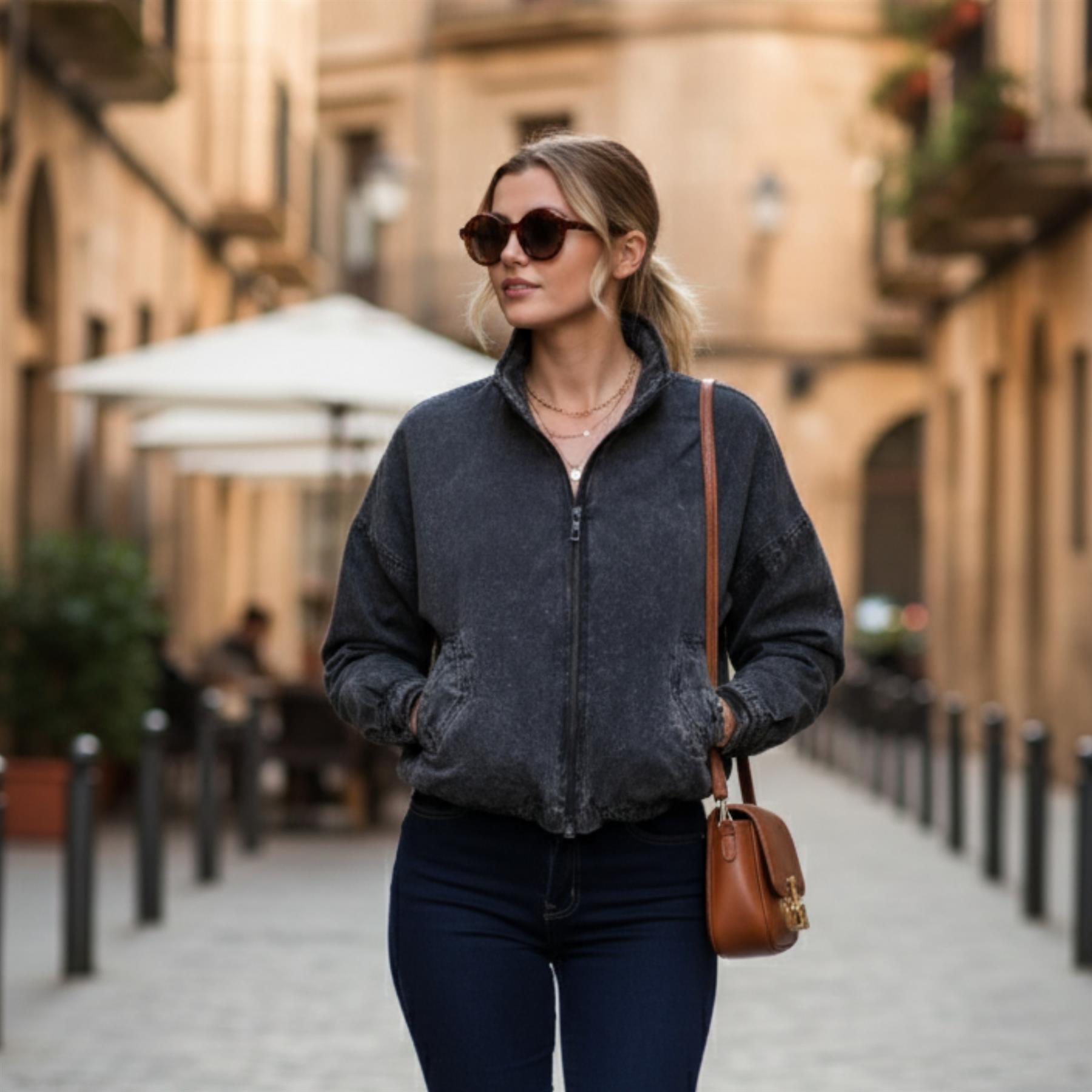 Damen-Bomberjacke Acid Washed lässig Reißverschlusskragen Oberbekleidung kurzer Wintermantel - Bild 7 von 18