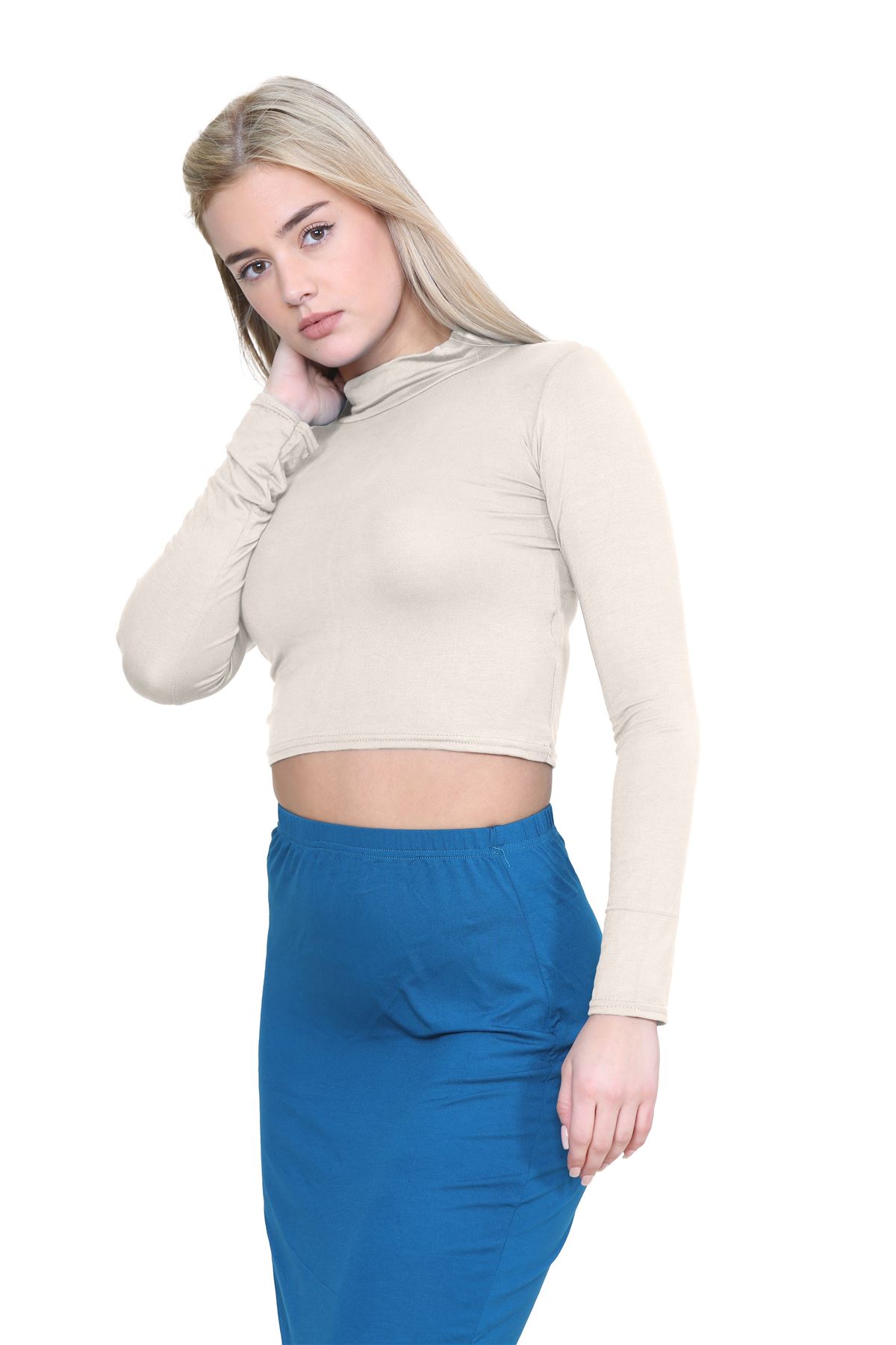 Turtle Neck Crop Top Womens Plain Long Sleeve Stretchy Basic Polo Neck T-Shirt - Picture 109 of 129