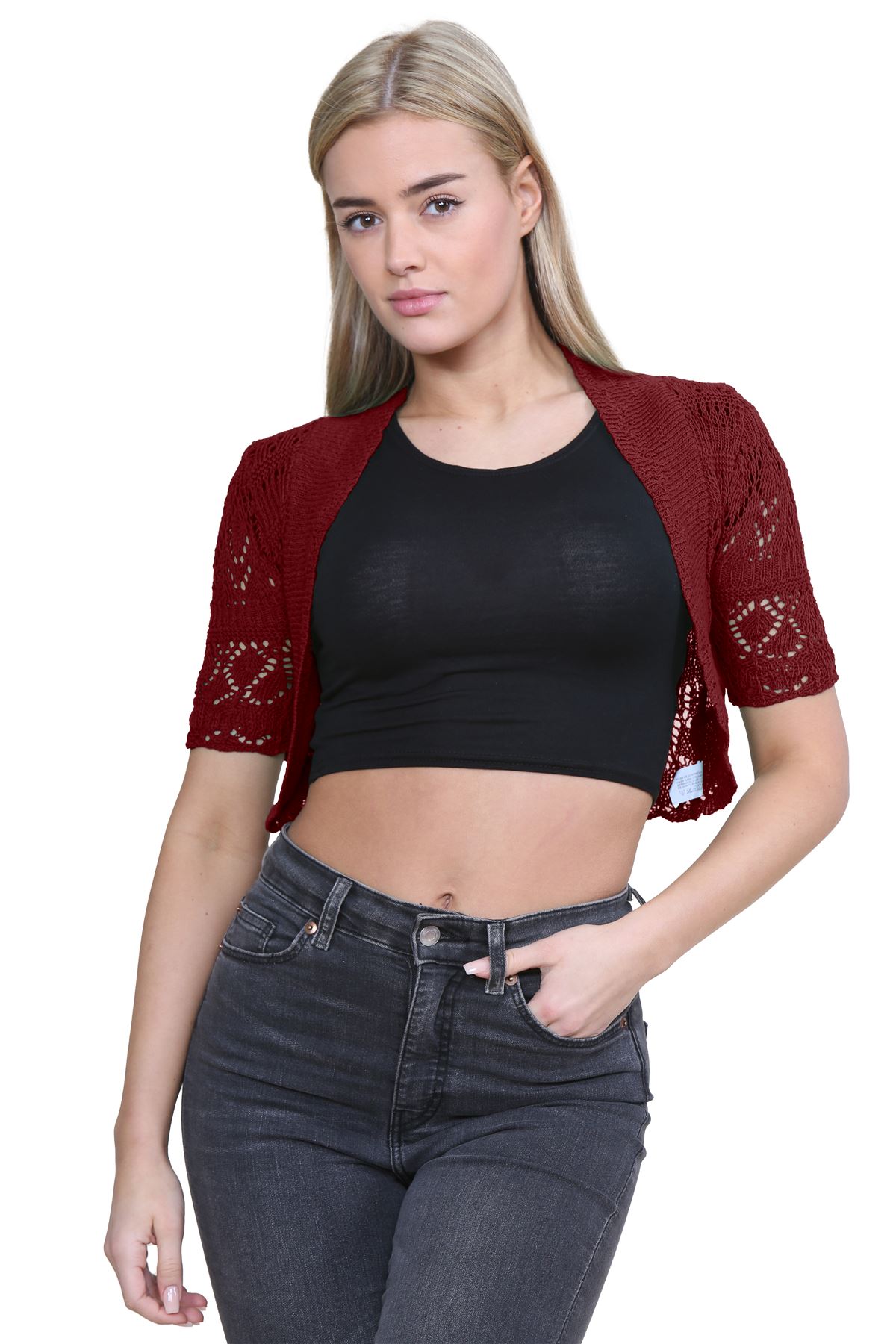 Womens Crochet Knitted Bolero Shrug Short Sleeve Open Front Cardigan Crop Top - Picture 175 of 186