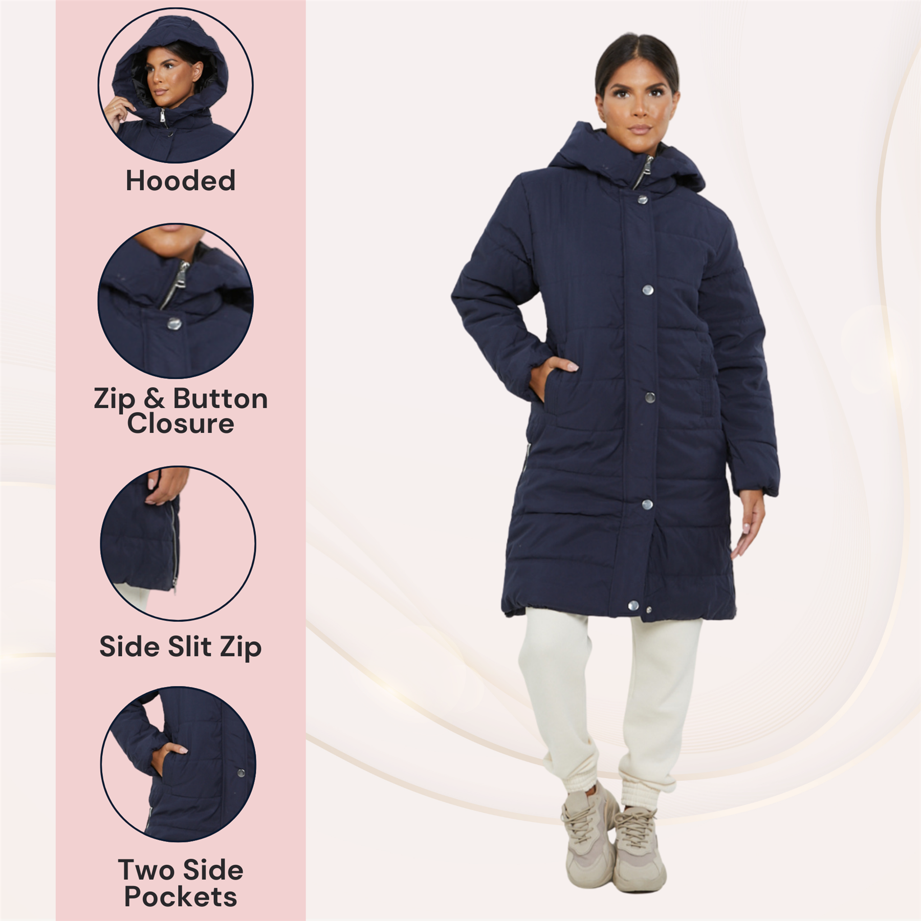 Womens Hooded Longline Coat Puffer Padded Long Sleeve Bodywarmer Winter Jacket - Picture 36 of 50