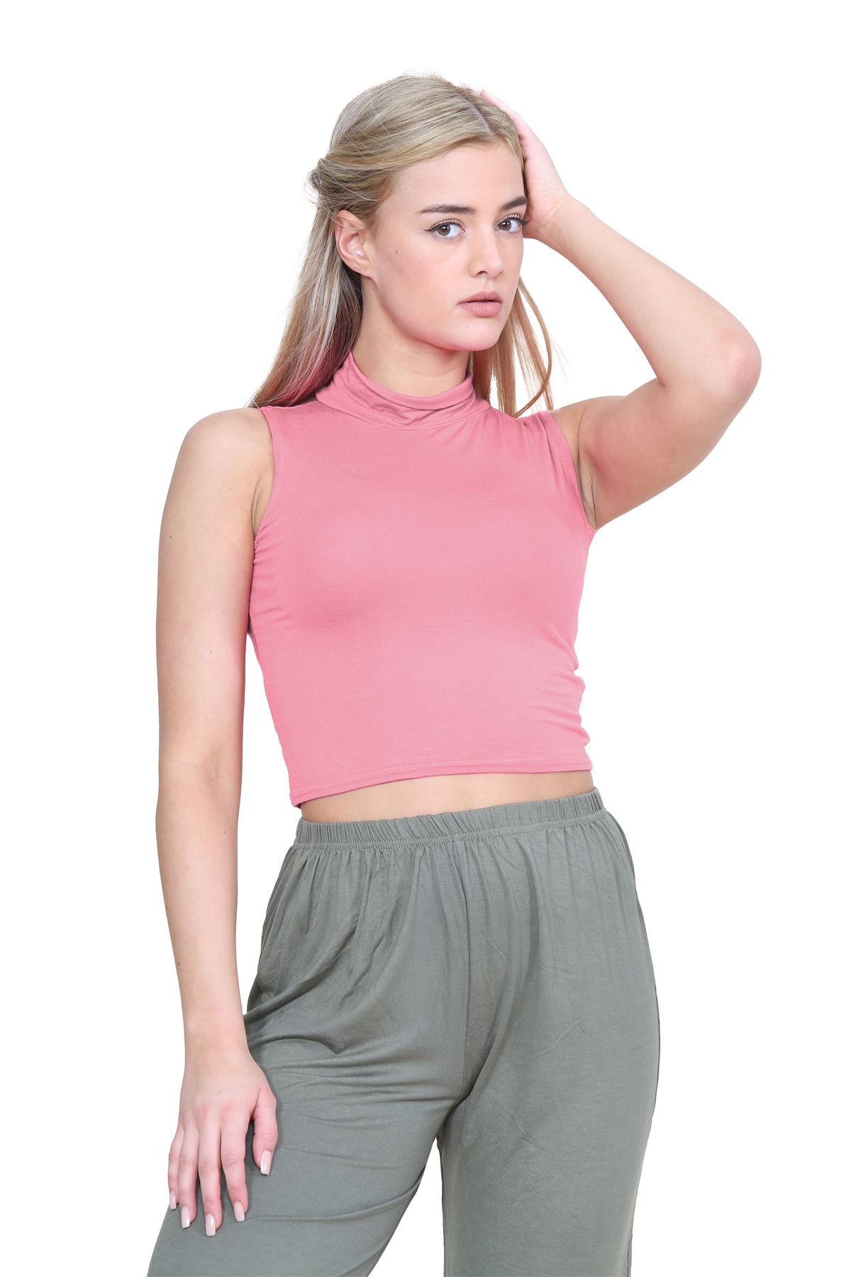 Womens Sleeveless Crop Top Ladies High Turtle Neck Plain Stretchy T-Shirt Vest - Picture 37 of 165