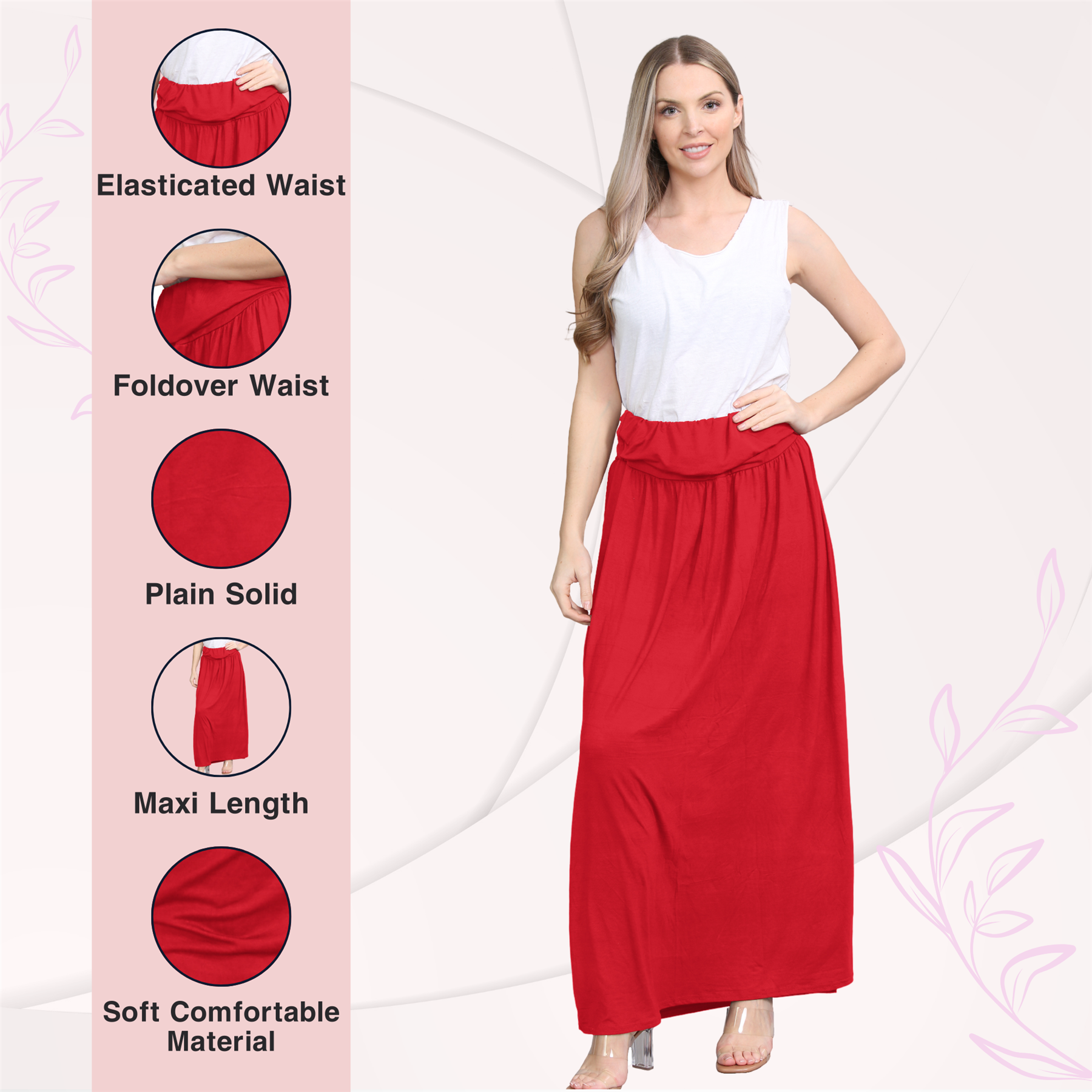 Womens Fold Over Maxi Skirt Plain Pleated Waist Jersey Summer Gypsy Long Skirt - Picture 46 of 68