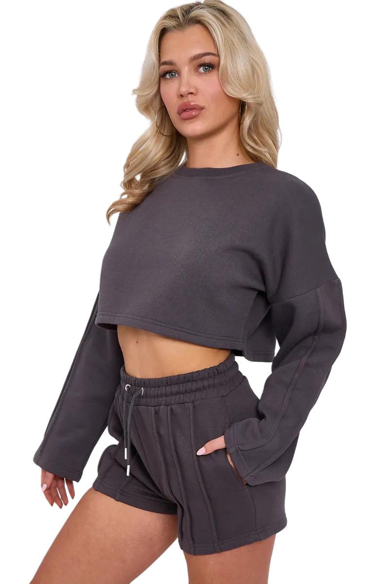 Womens Pleated Lined Crop Top Shorts Set 2 Pcs Co-ord Fleece Loungewear Suit - Picture 27 of 36