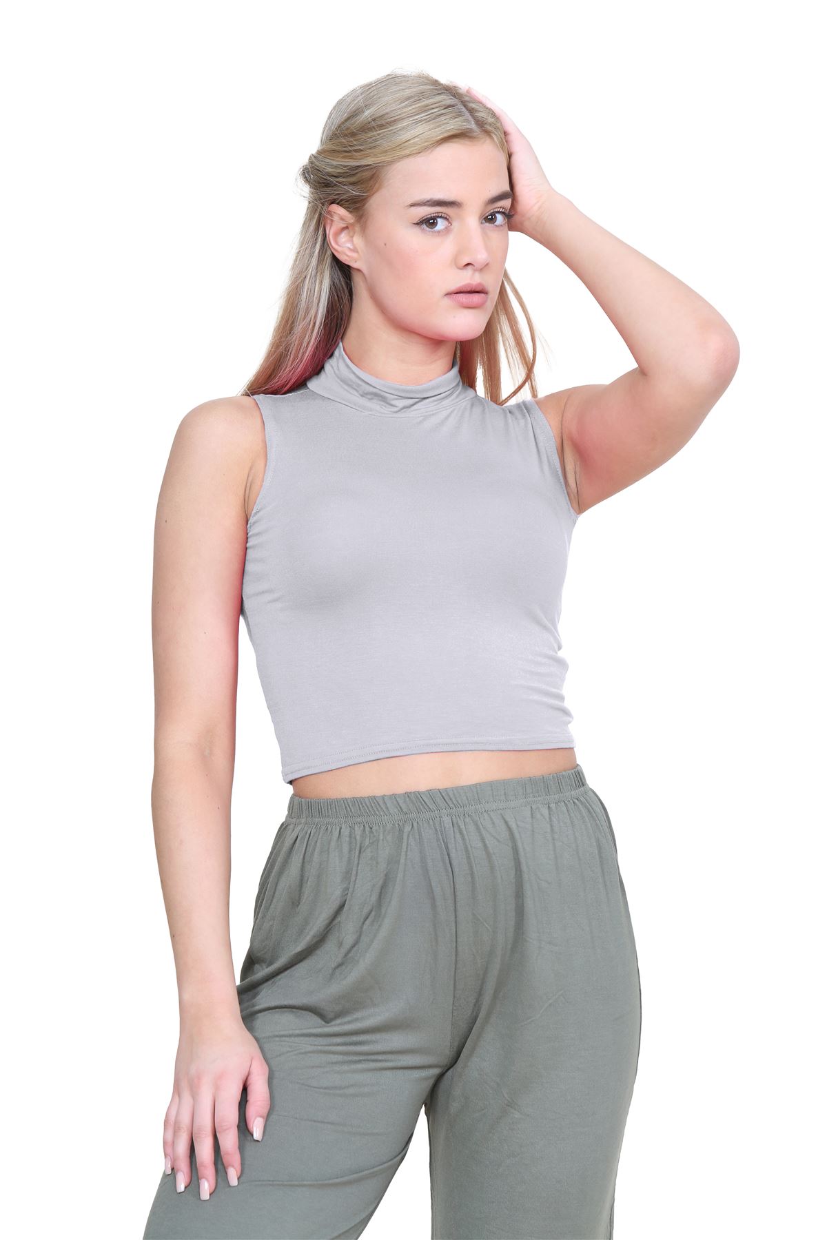Womens Sleeveless Crop Top Ladies High Turtle Neck Plain Stretchy T-Shirt Vest - Picture 52 of 165