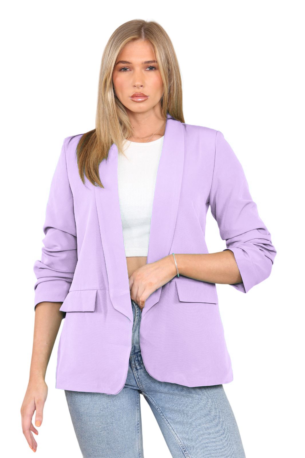 Blazer de manga acanalada para damas totalmente forrado cuello liso informal chaqueta de oficina top - Imagen 33 de 97