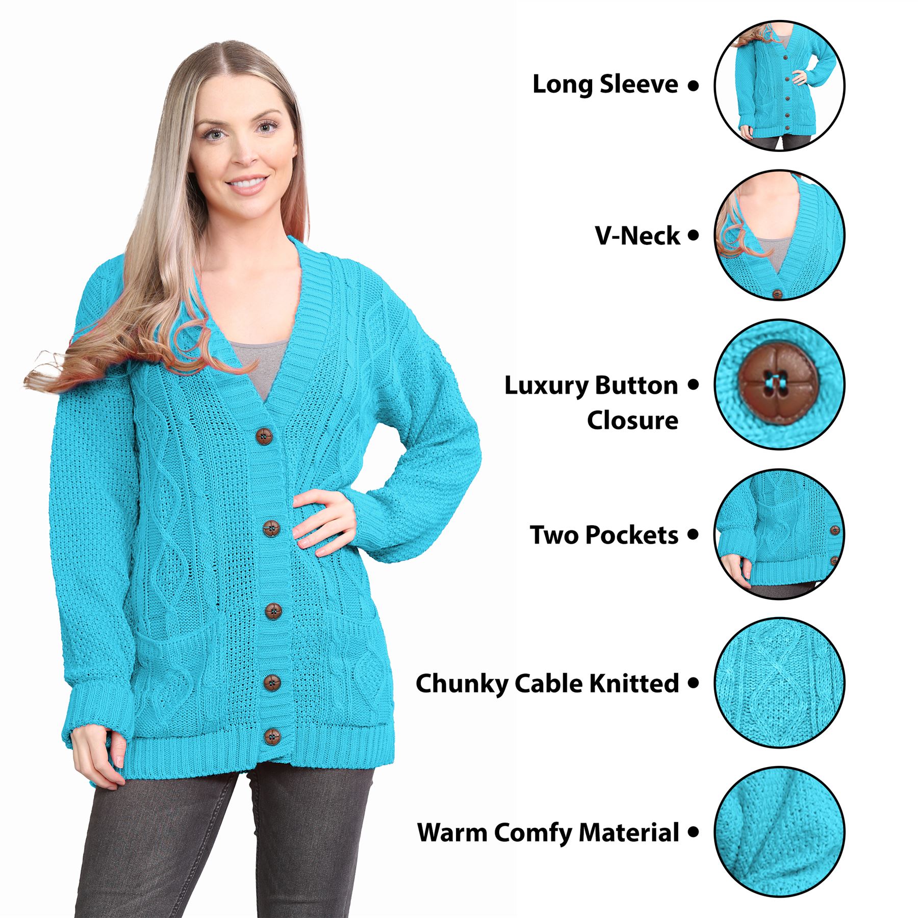 Womens Ladies Chunky Cable Knitted Button Long Sleeve Grandad Cardigan Jumper - Picture 81 of 94