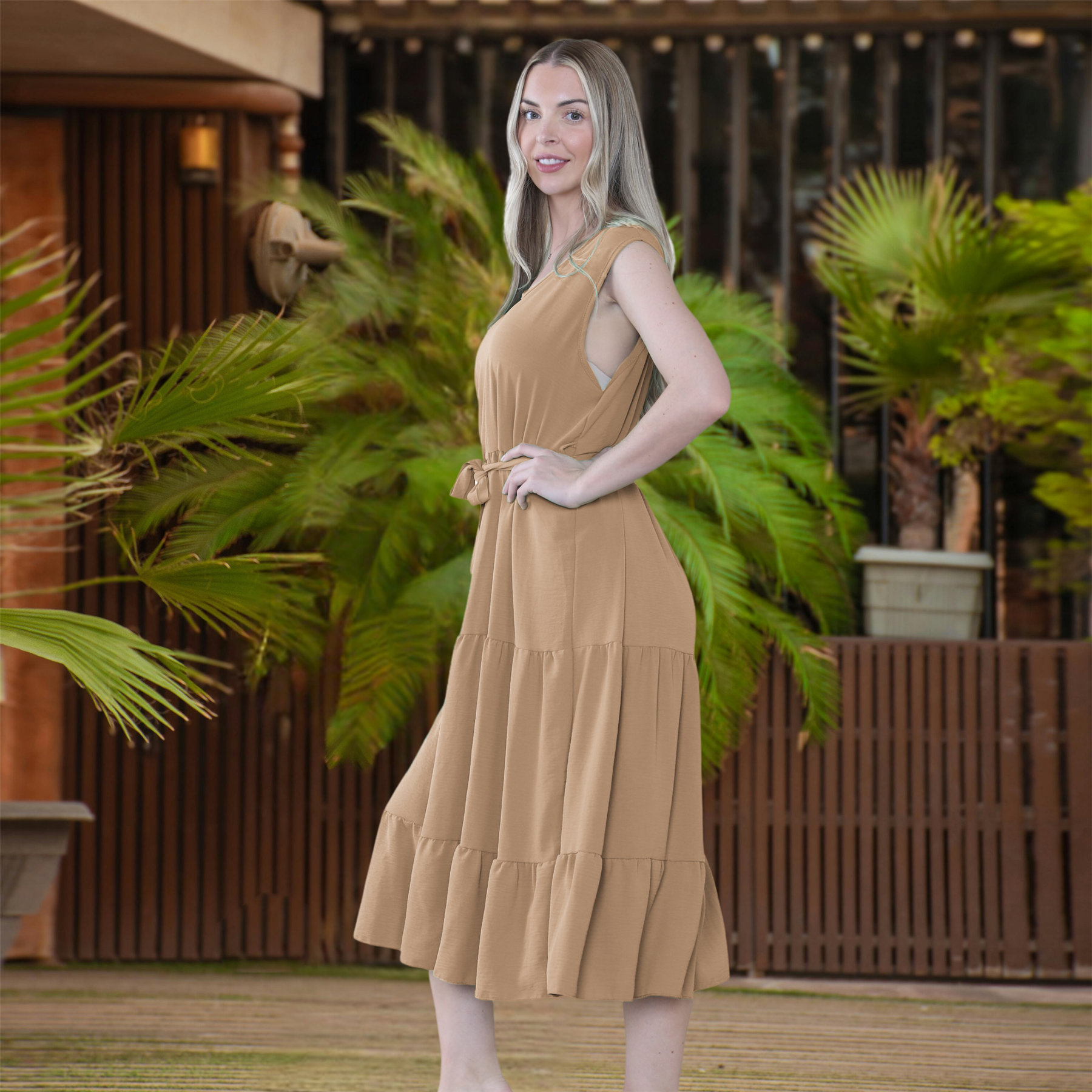 Womens Italian Smock Dress Sleeveless Belted Midi Dress Plain Frill Summer Dress - Picture 34 of 64