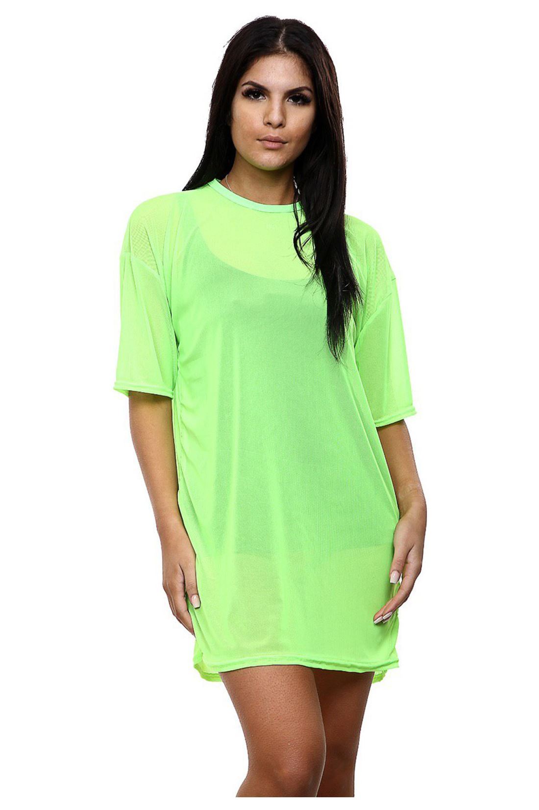 Ladies Mesh Dress Oversized T-Shirt Fishnet Sheer Dress Tunic Baggy Longline Top - Picture 20 of 37