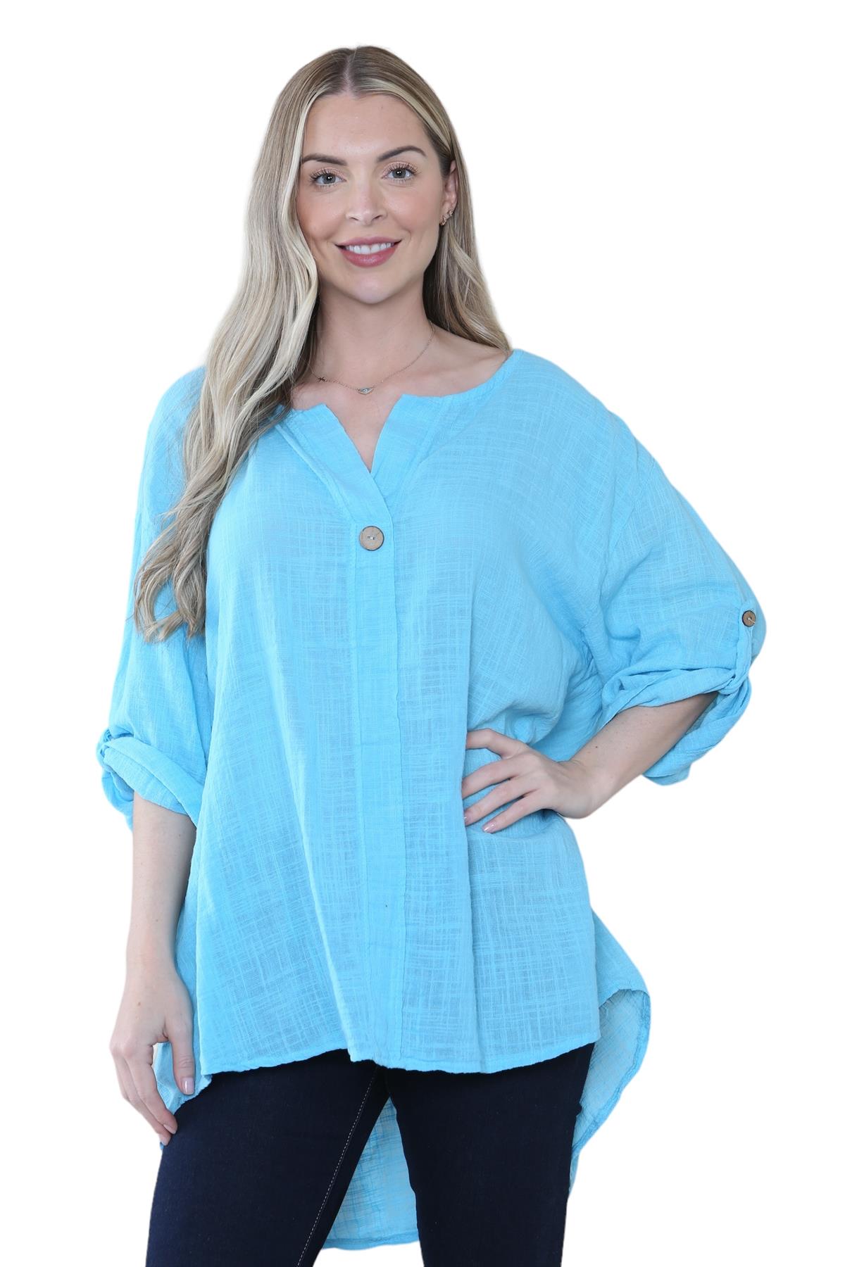 Camiseta informal lisa de lino y algodón con un botón de manga giratoria italiana para dama - Imagen 47 de 63