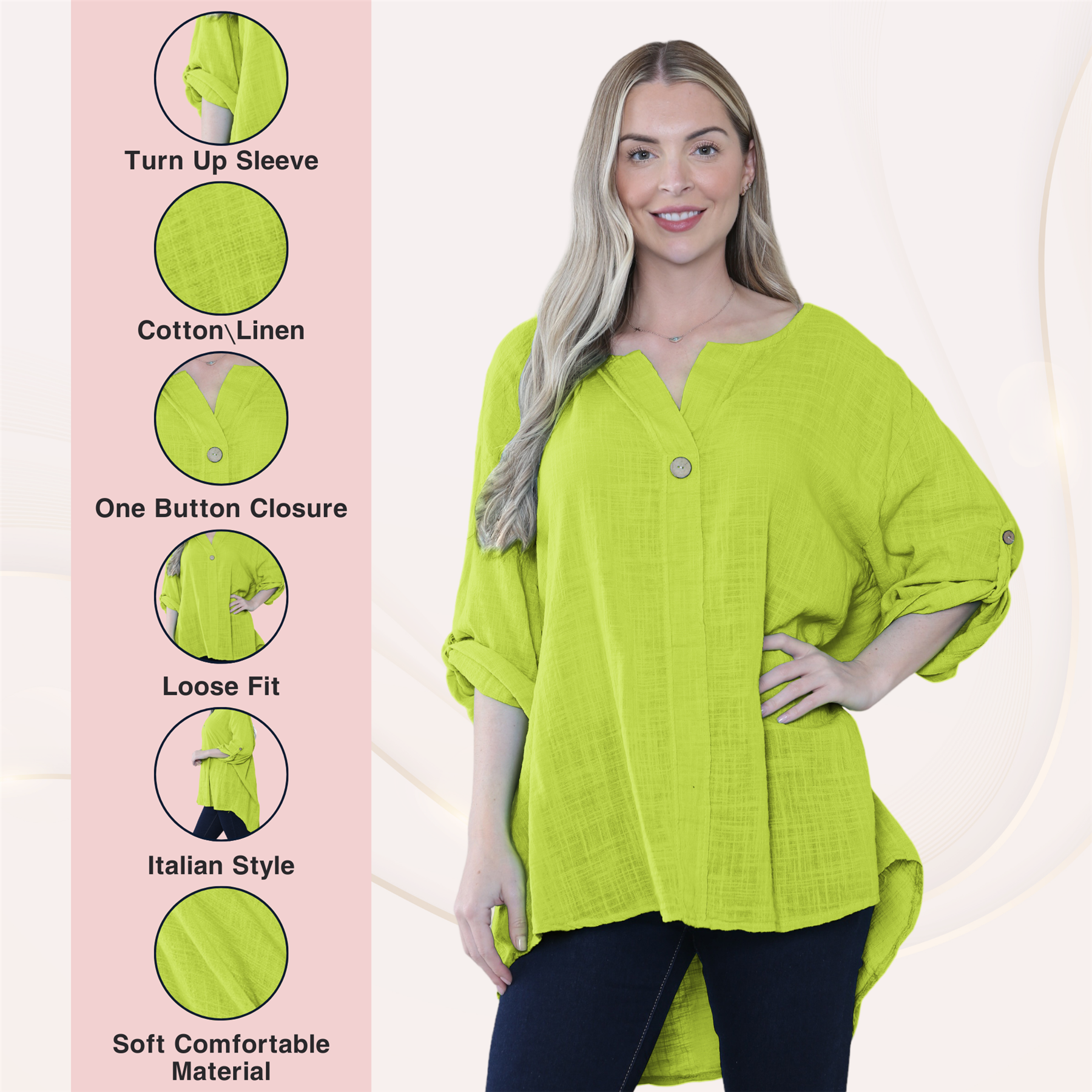 Camiseta informal lisa de lino y algodón con un botón de manga giratoria italiana para dama - Imagen 27 de 63