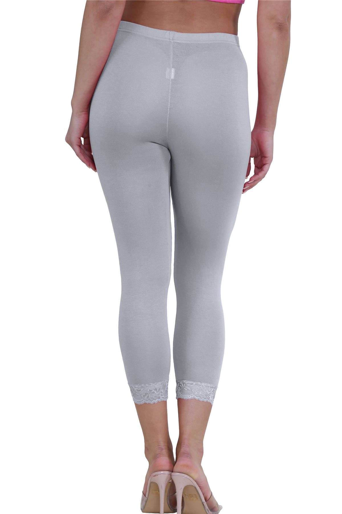New Ladies Plain Lace Trim Cropped Yoga Stretchy 3/4 Length Capri Leggings Pants - Picture 37 of 132