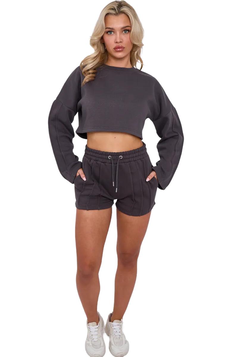 Womens Pleated Lined Crop Top Shorts Set 2 Pcs Co-ord Fleece Loungewear Suit - Picture 26 of 36