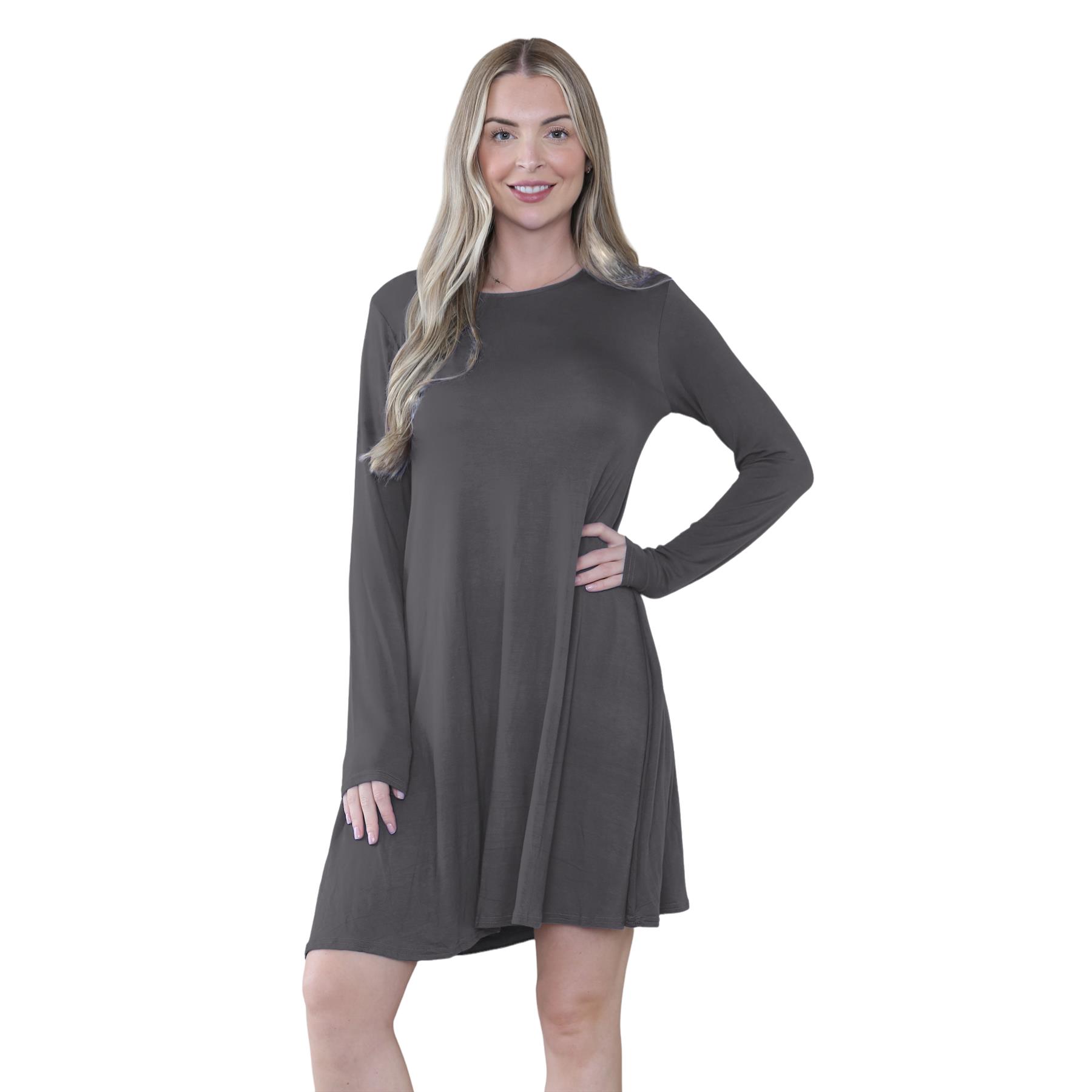 Damen Swing Kleid Uni Langarm Freizeit Ausgestellt A Linie Mini Oberteil Übergröße - Bild 21 von 100