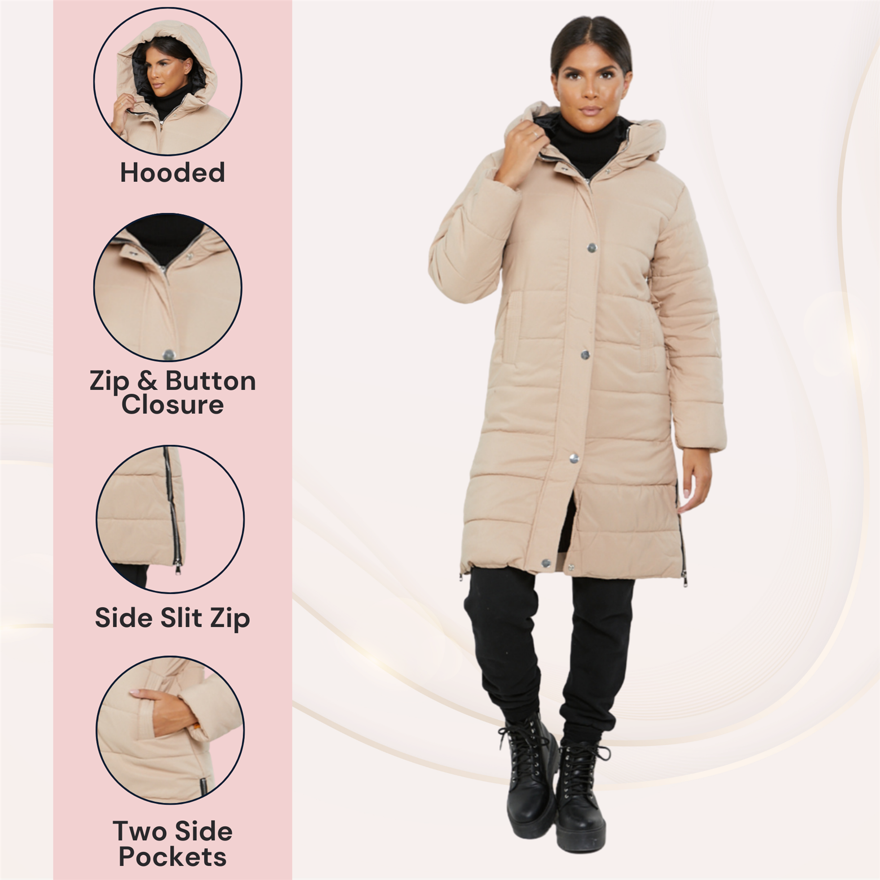 Womens Hooded Longline Coat Puffer Padded Long Sleeve Bodywarmer Winter Jacket - Picture 49 of 50