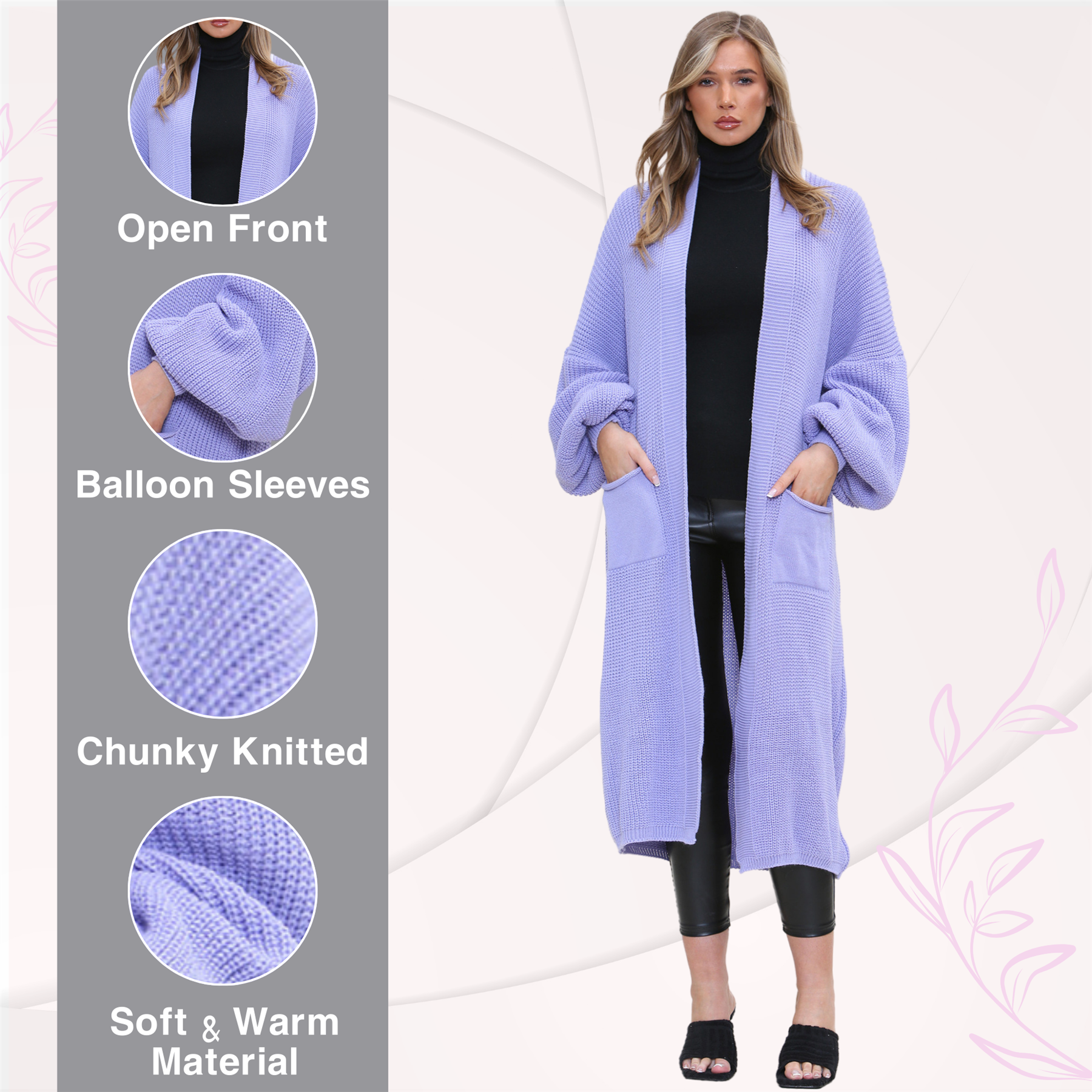 Ballonärmel Maxi Cardigan Damen übergroß gestrickt Winter Longline Pullover - Bild 67 von 134