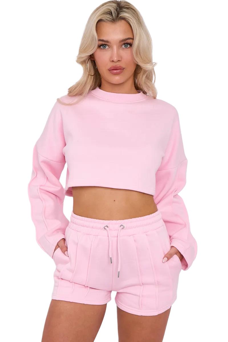 Womens Pleated Lined Crop Top Shorts Set 2 Pcs Co-ord Fleece Loungewear Suit - Picture 2 of 36
