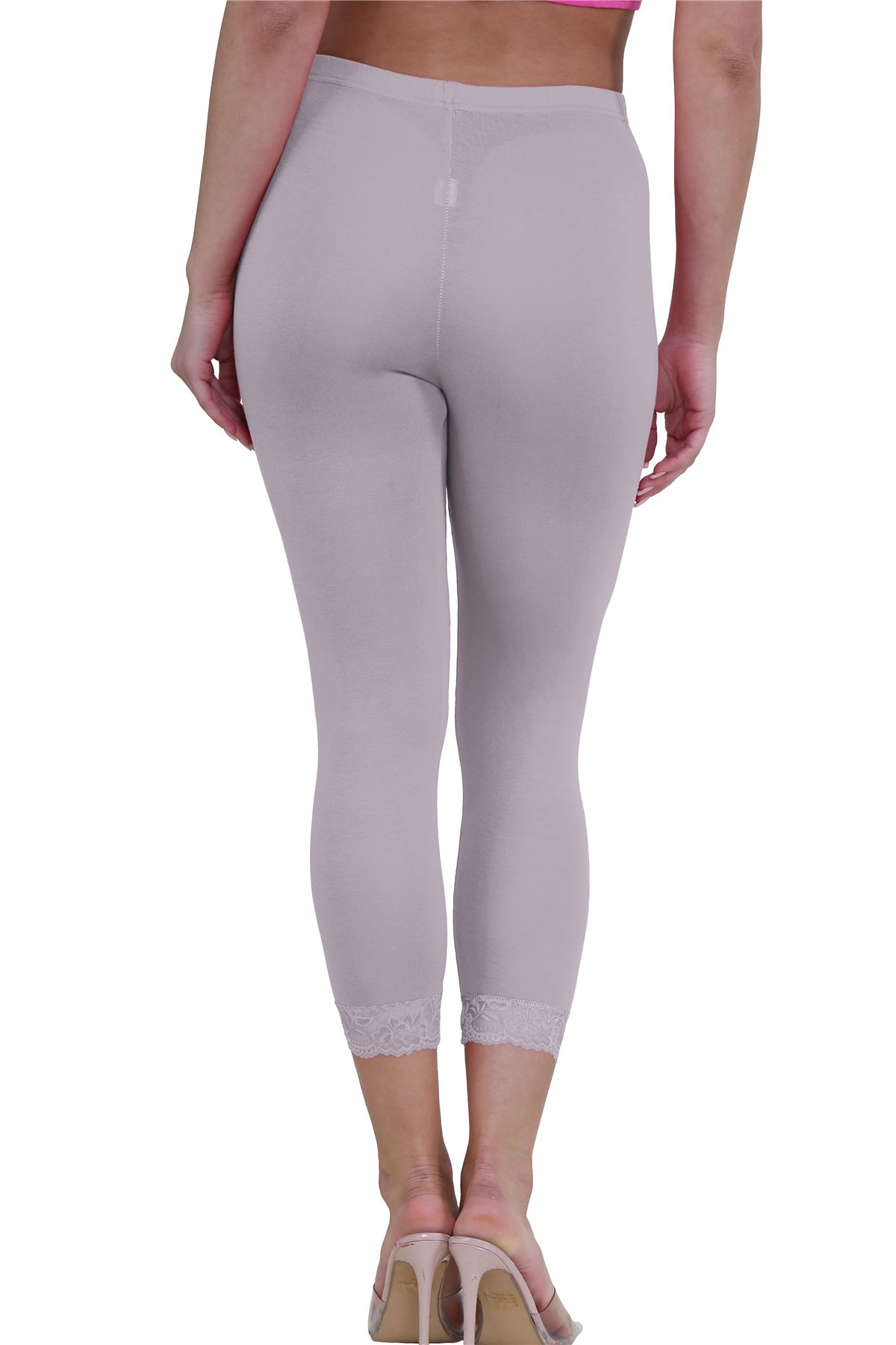 New Ladies Plain Lace Trim Cropped Yoga Stretchy 3/4 Length Capri Leggings Pants - Picture 53 of 132