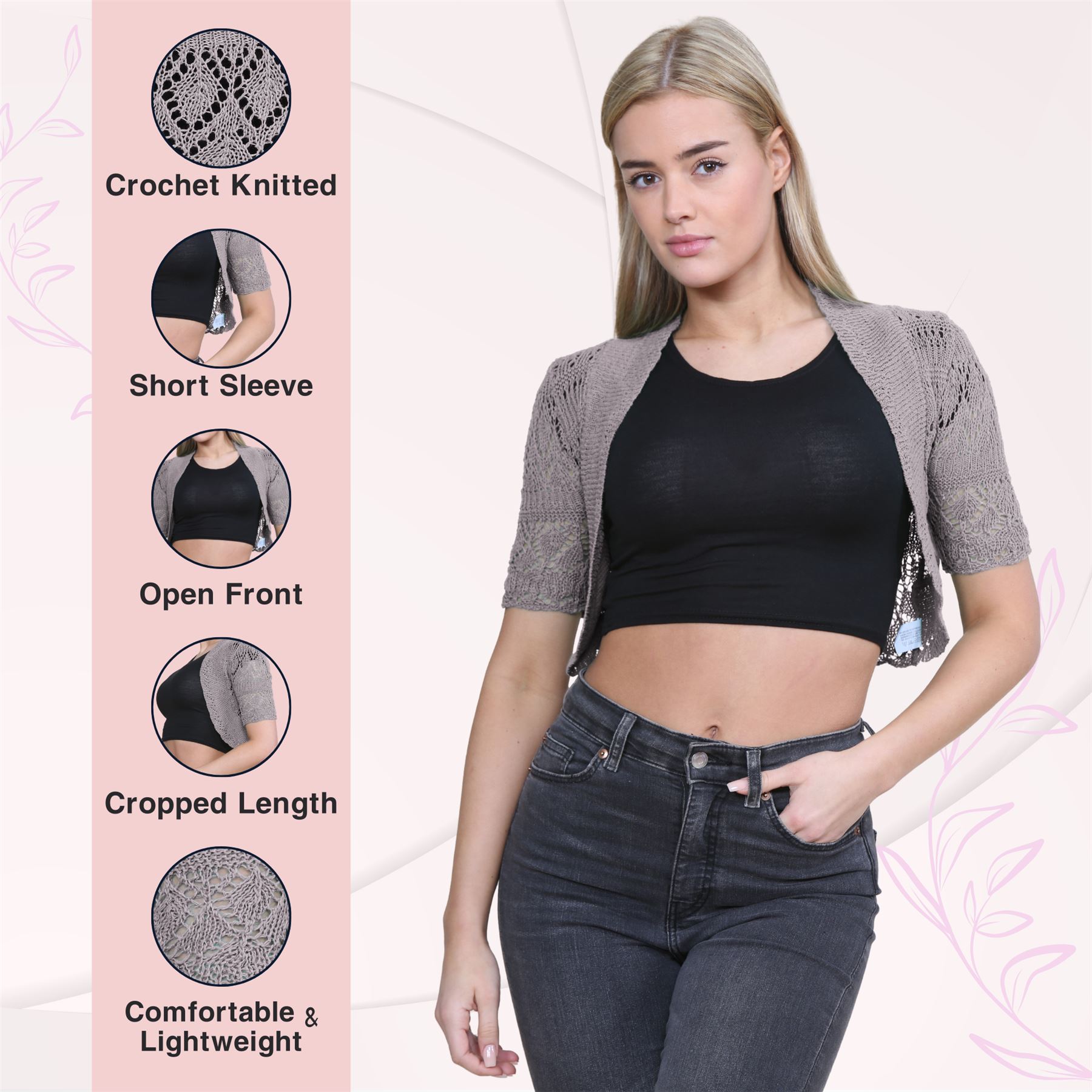 Womens Crochet Knitted Bolero Shrug Short Sleeve Open Front Cardigan Crop Top - Picture 95 of 186