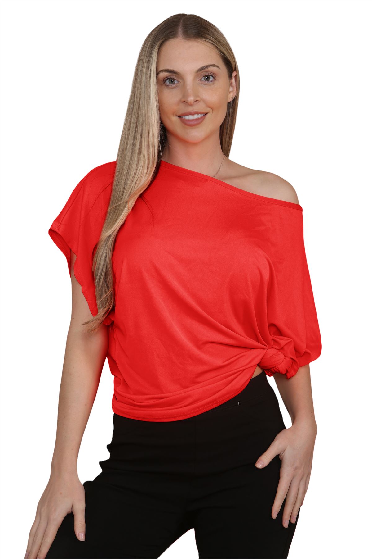 Womens Oversized T Shirt Top Short Sleeve Tie Knot Bardot Off Shoulder Crop Top - Picture 50 of 65