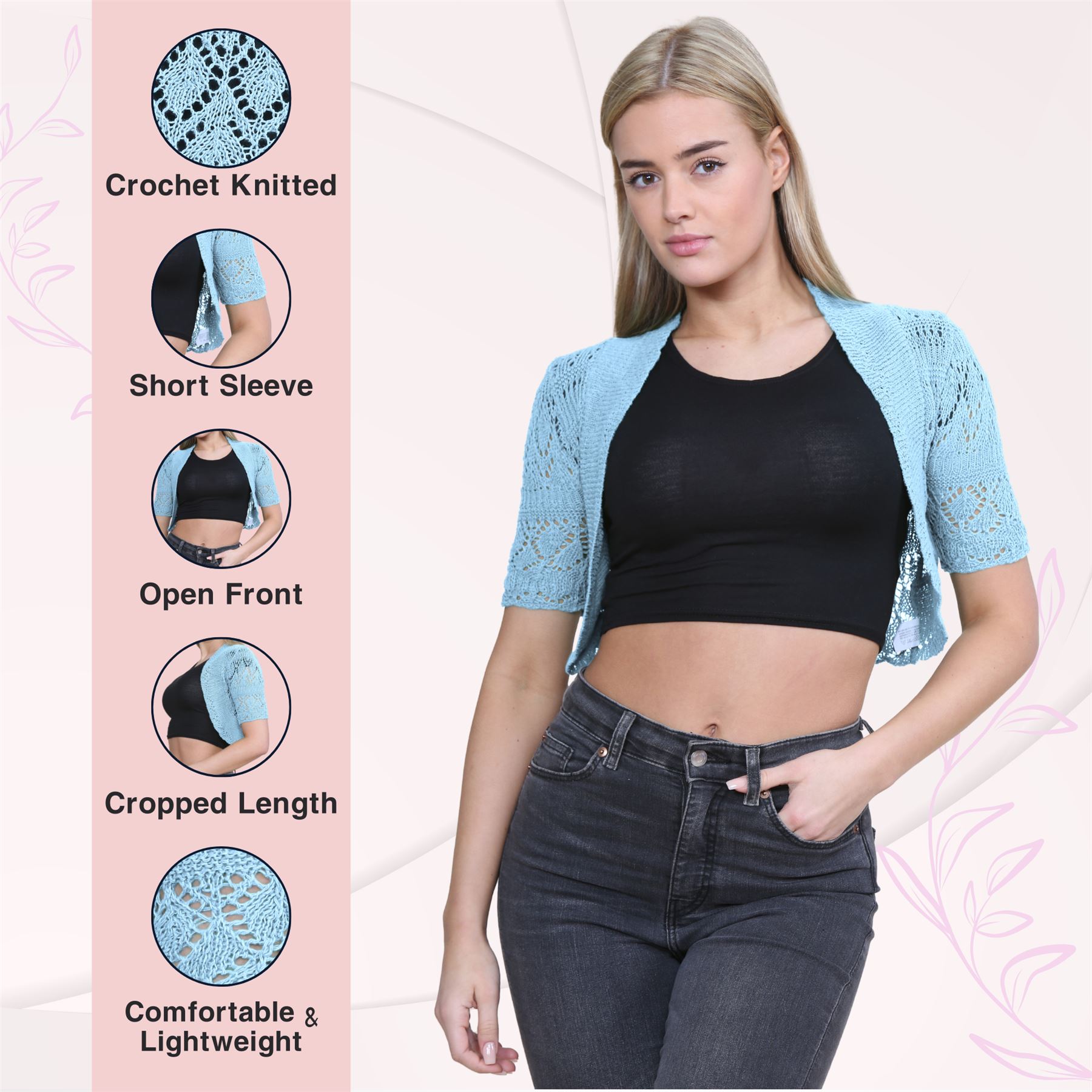 Womens Crochet Knitted Bolero Shrug Short Sleeve Open Front Cardigan Crop Top - Picture 148 of 186