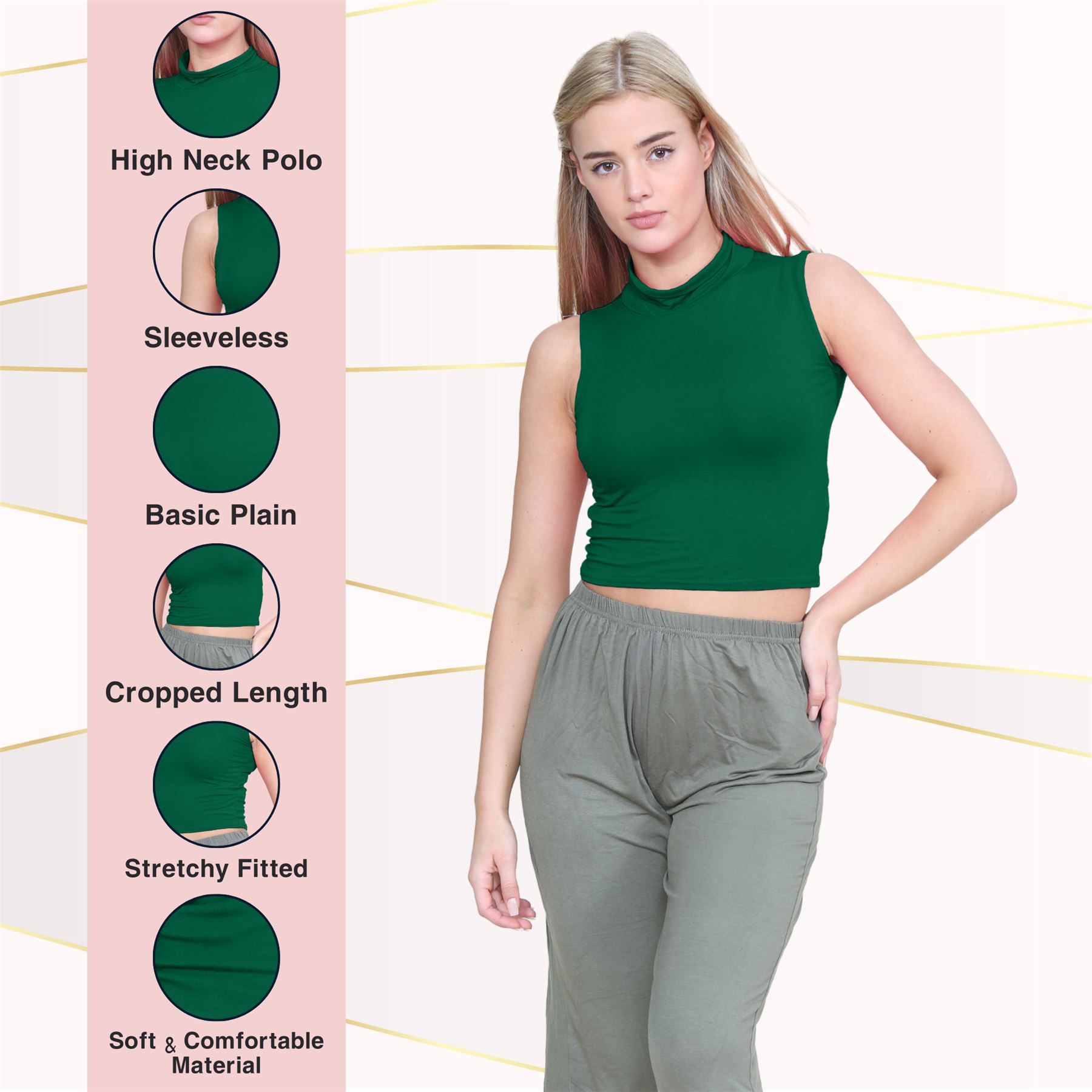 Womens Sleeveless Crop Top Ladies High Turtle Neck Plain Stretchy T-Shirt Vest - Picture 11 of 165