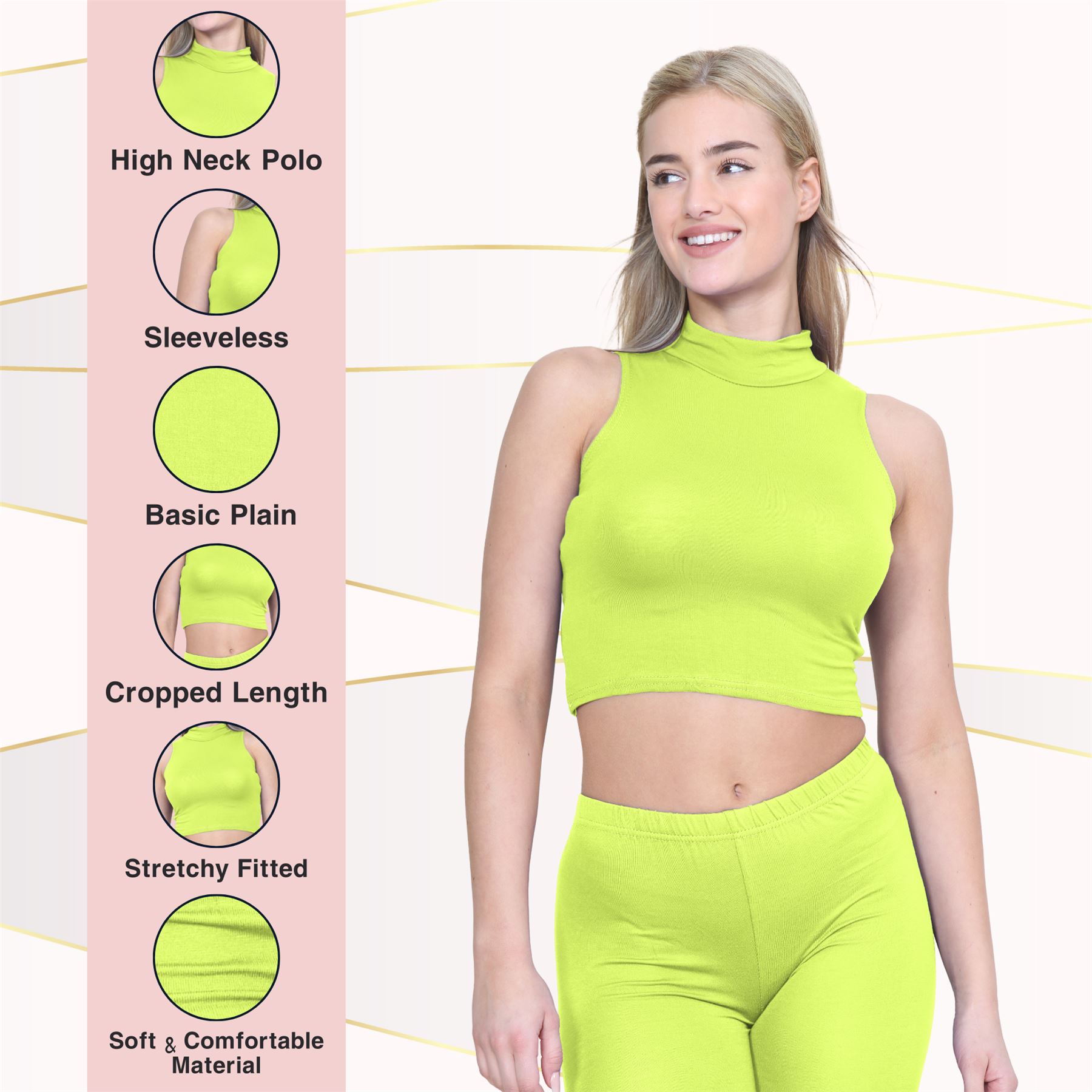 Womens Sleeveless Crop Top Ladies High Turtle Neck Plain Stretchy T-Shirt Vest - Picture 99 of 165
