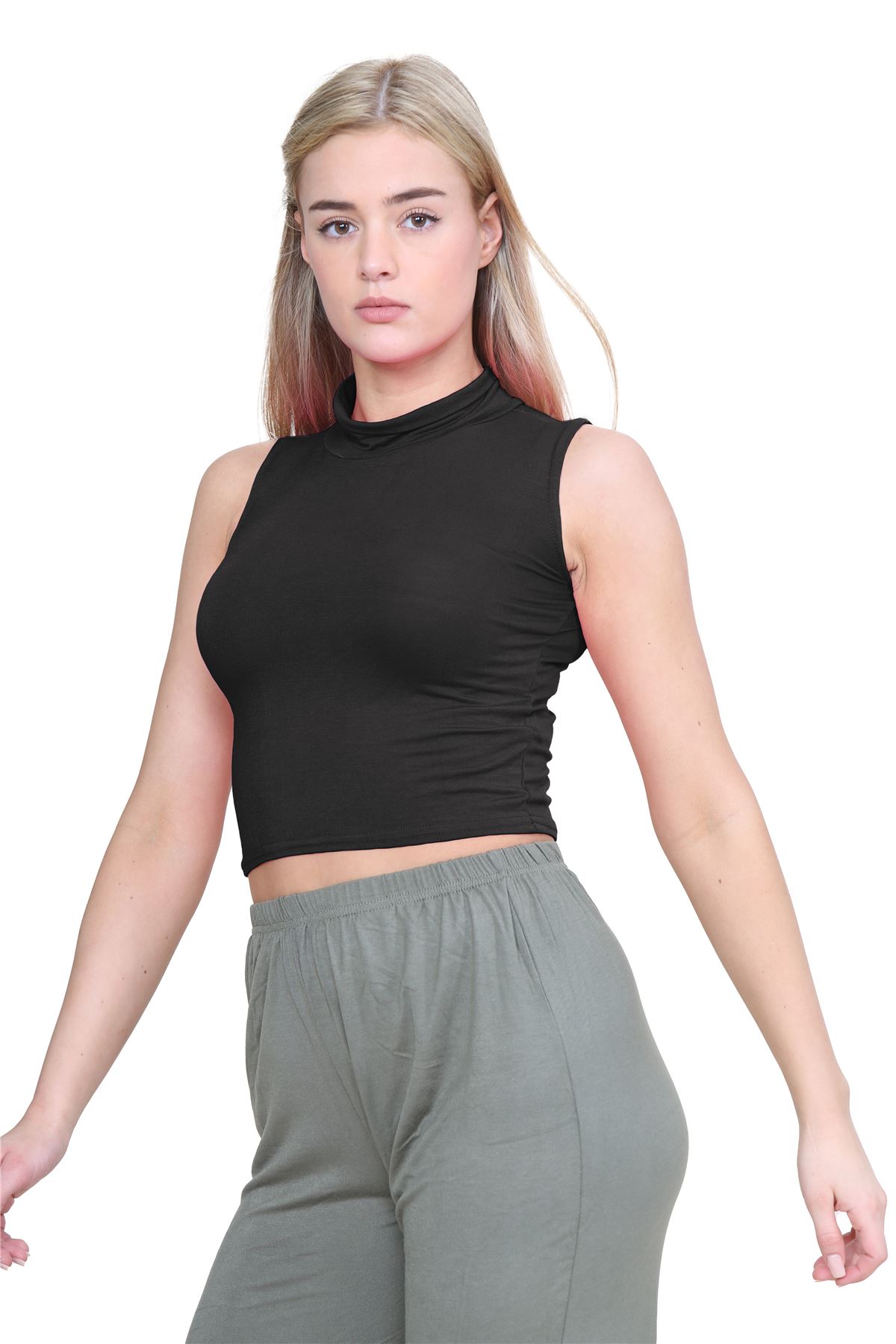 Womens Sleeveless Crop Top Ladies High Turtle Neck Plain Stretchy T-Shirt Vest - Picture 12 of 165
