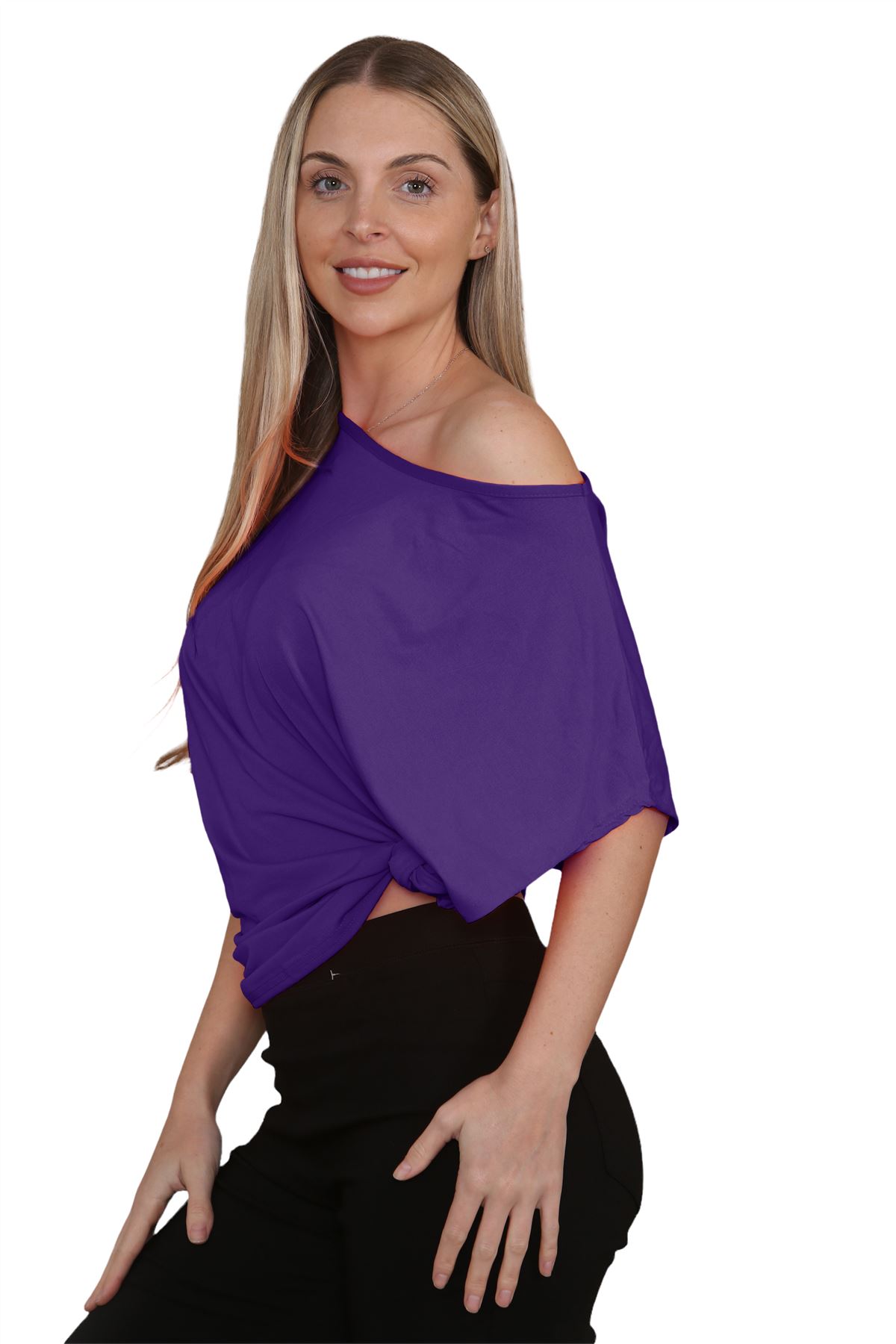 Womens Oversized T Shirt Top Short Sleeve Tie Knot Bardot Off Shoulder Crop Top - Picture 43 of 65