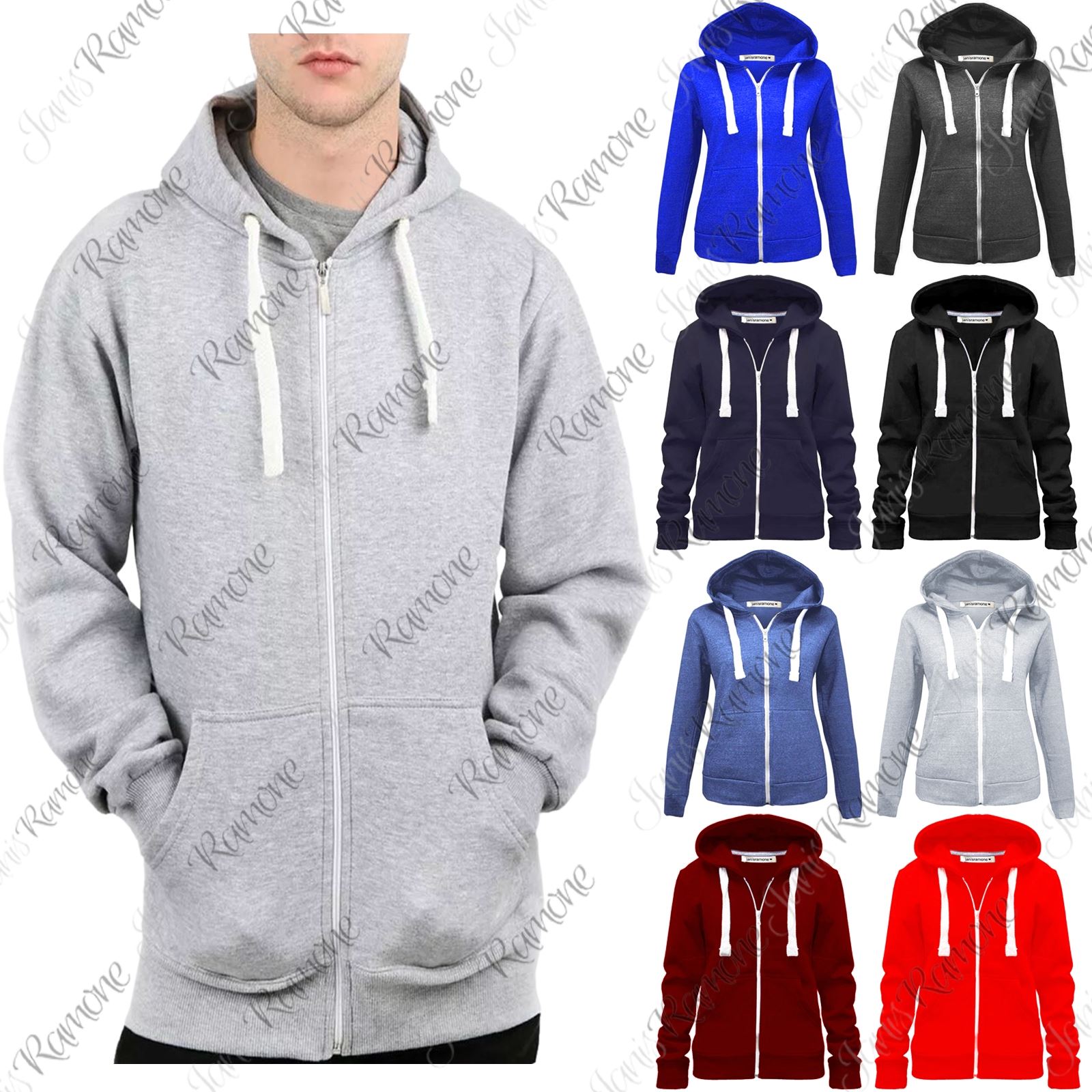 New Mens Plain Hooded Long Sleeve ZipUp Fleece Sweatshirt Hoodie Warm Jacket Top
