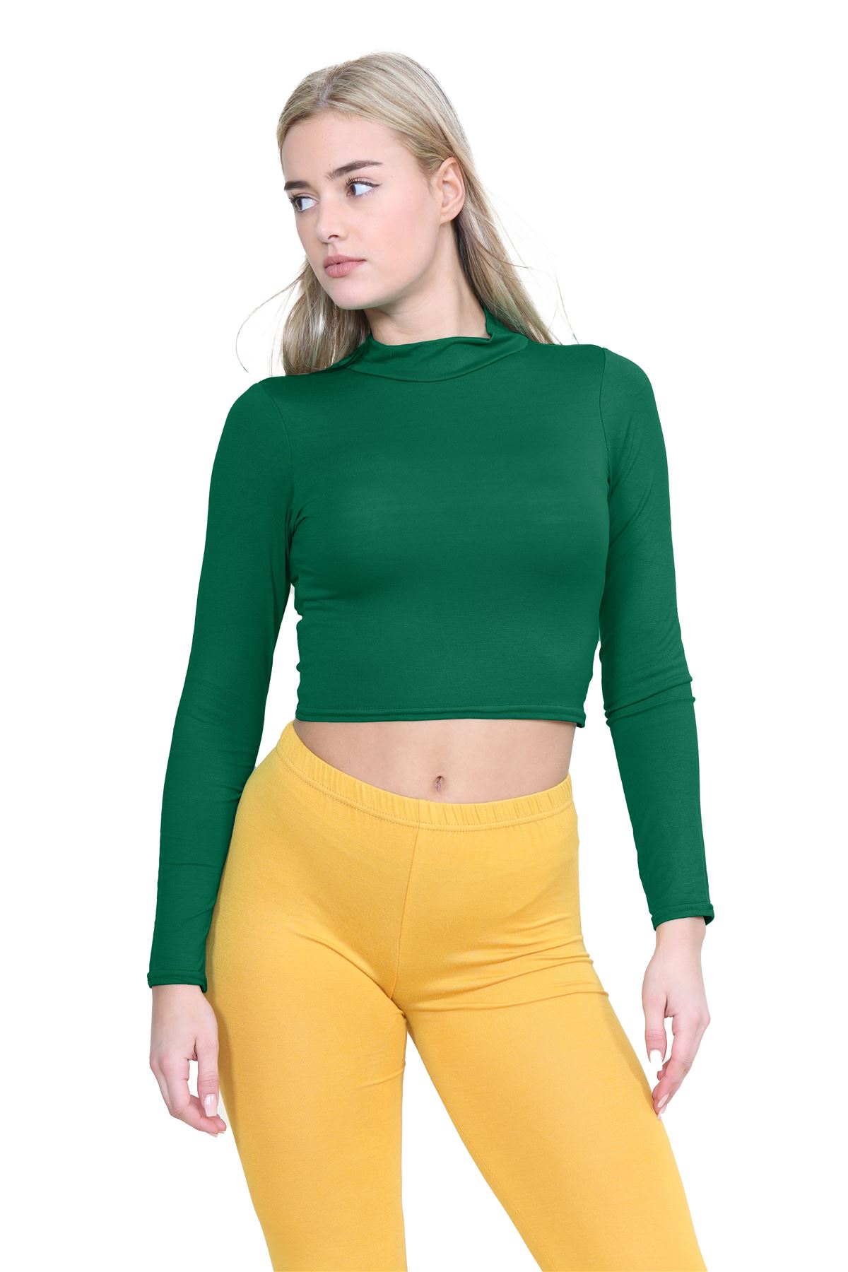 Turtle Neck Crop Top Womens Plain Long Sleeve Stretchy Basic Polo Neck T-Shirt - Picture 6 of 129