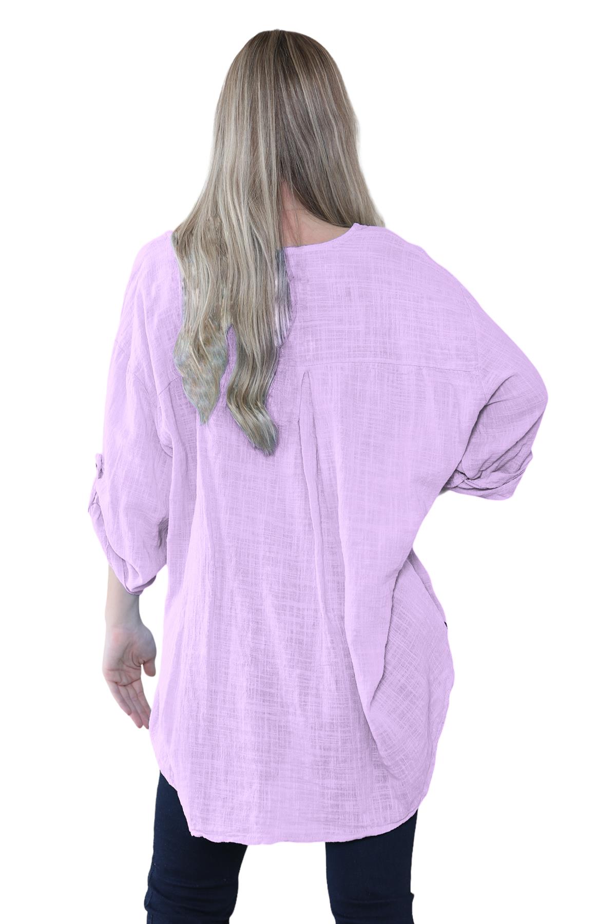 Camiseta informal lisa de lino y algodón con un botón de manga giratoria italiana para dama - Imagen 20 de 63