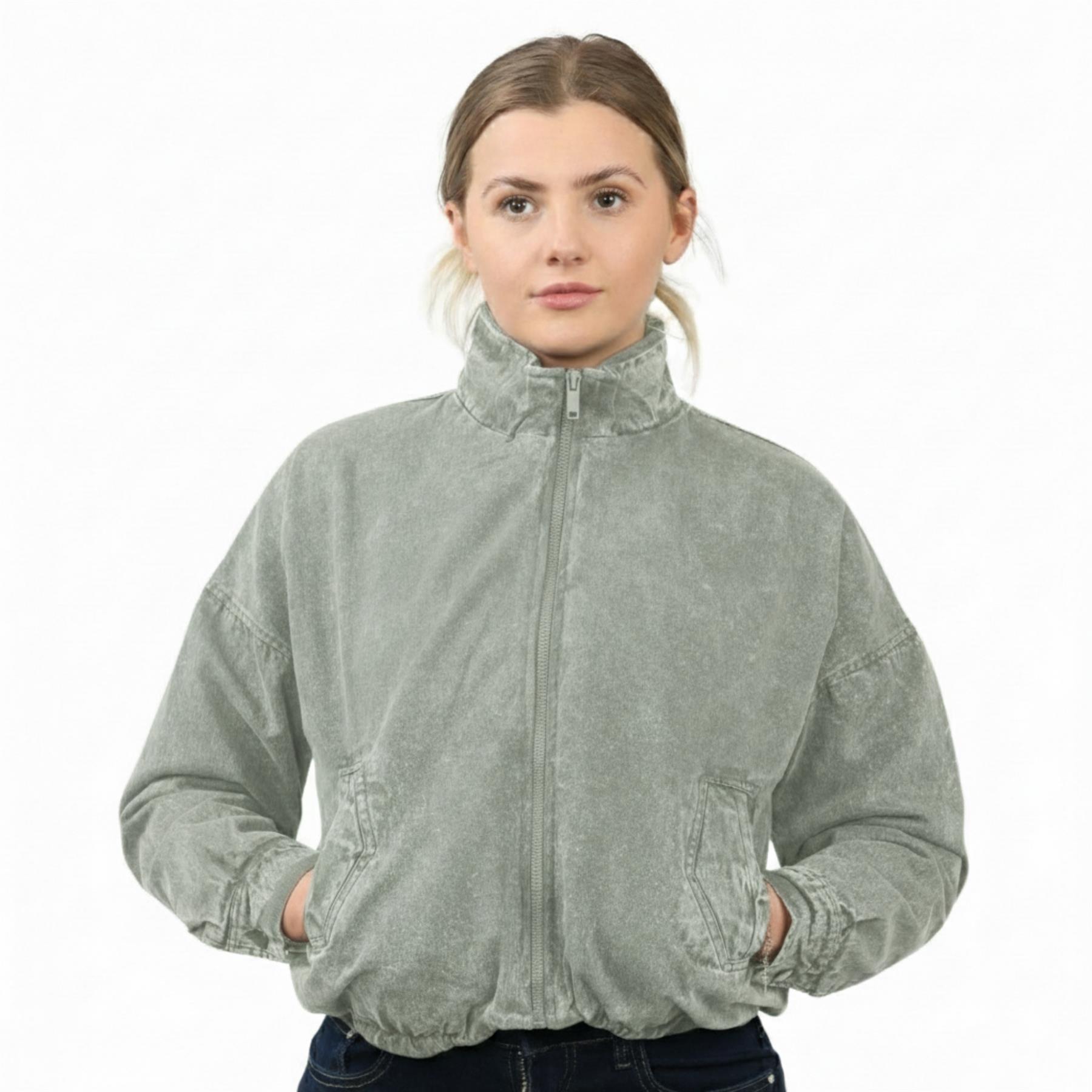 Damen-Bomberjacke Acid Washed lässig Reißverschlusskragen Oberbekleidung kurzer Wintermantel - Bild 8 von 18