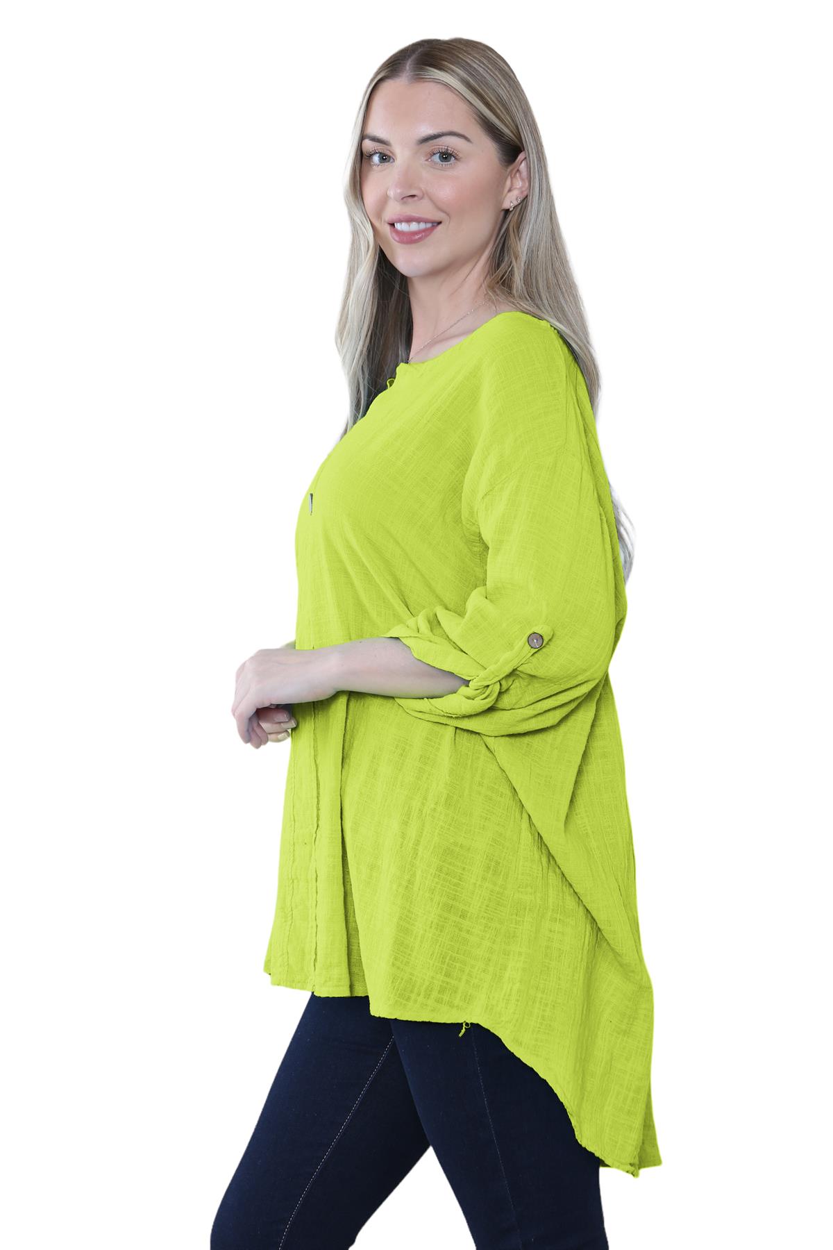 Camiseta informal lisa de lino y algodón con un botón de manga giratoria italiana para dama - Imagen 25 de 63