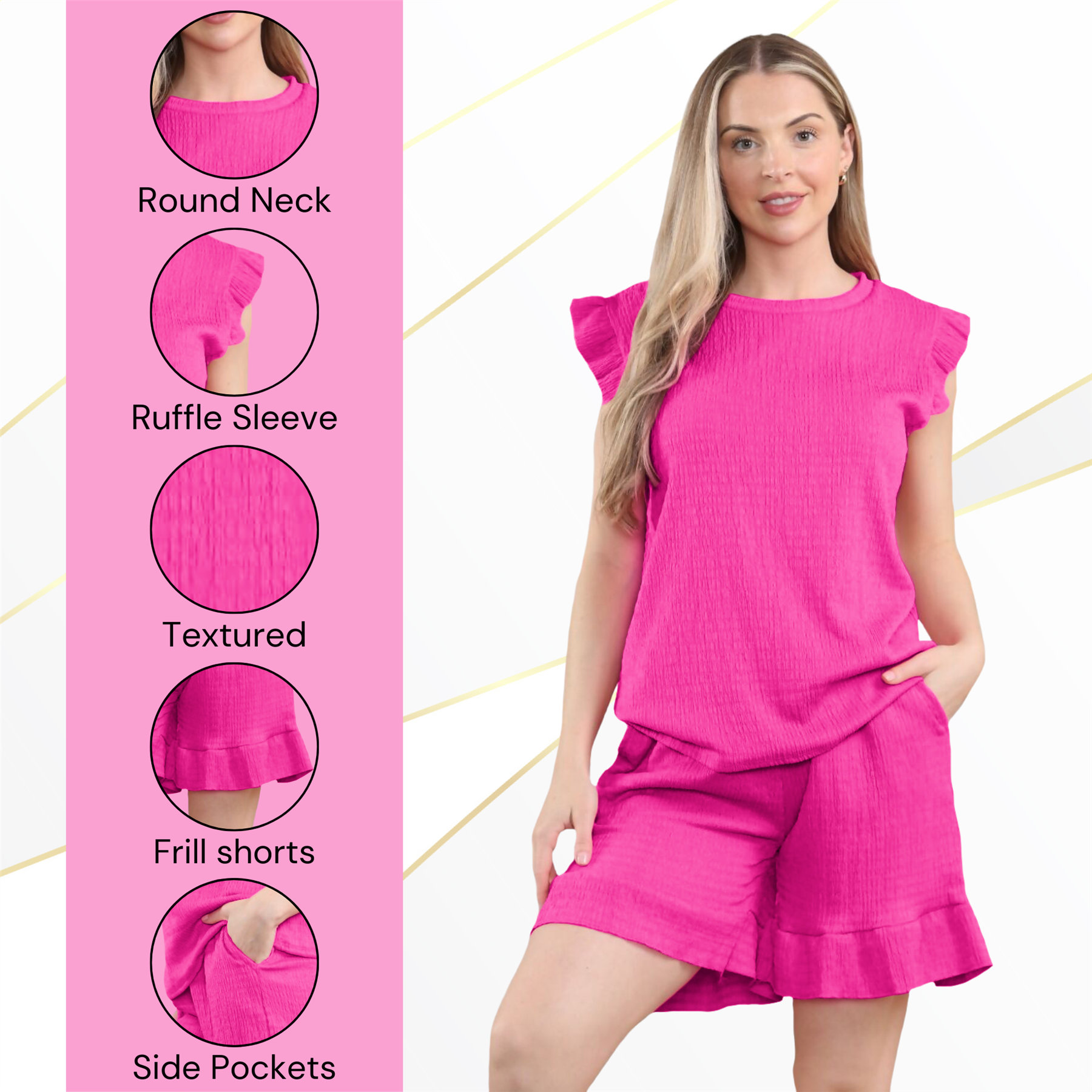 Conjunto corto de 2 piezas italiano para mujer conjunto de ropa de salón de verano con volantes sin mangas - Imagen 17 de 61