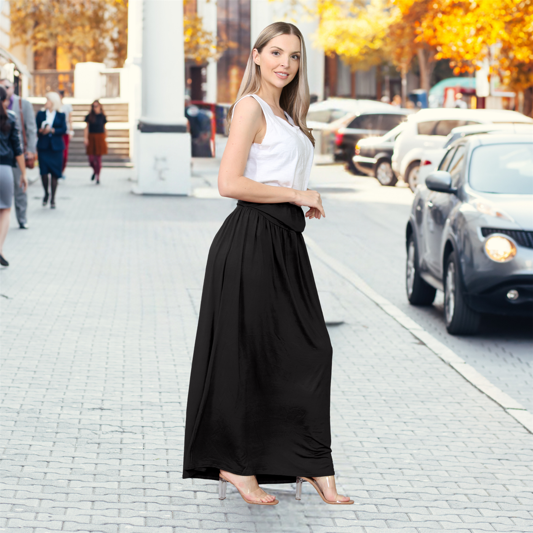 Womens Fold Over Maxi Skirt Plain Pleated Waist Jersey Summer Gypsy Long Skirt - Picture 68 of 68