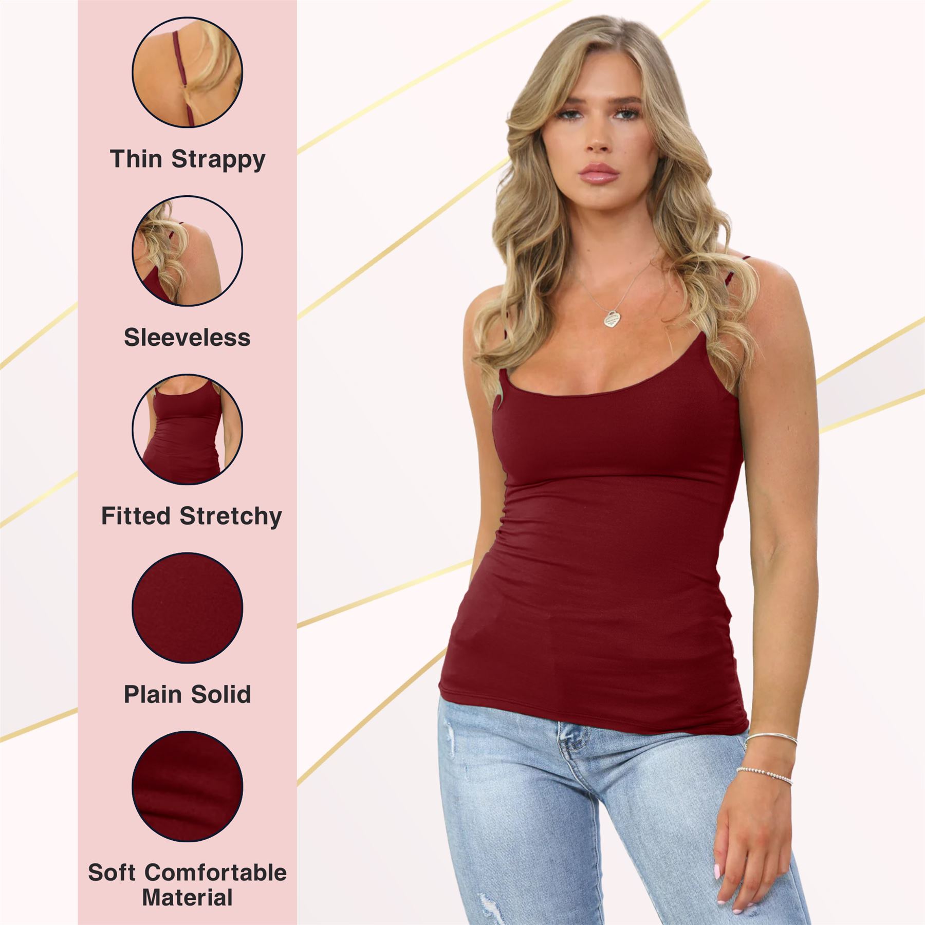 Womens Bodycon Cami Strappy Tank Top Plain Summer Activewear Vest Top, Pack of 3 - Picture 205 of 221
