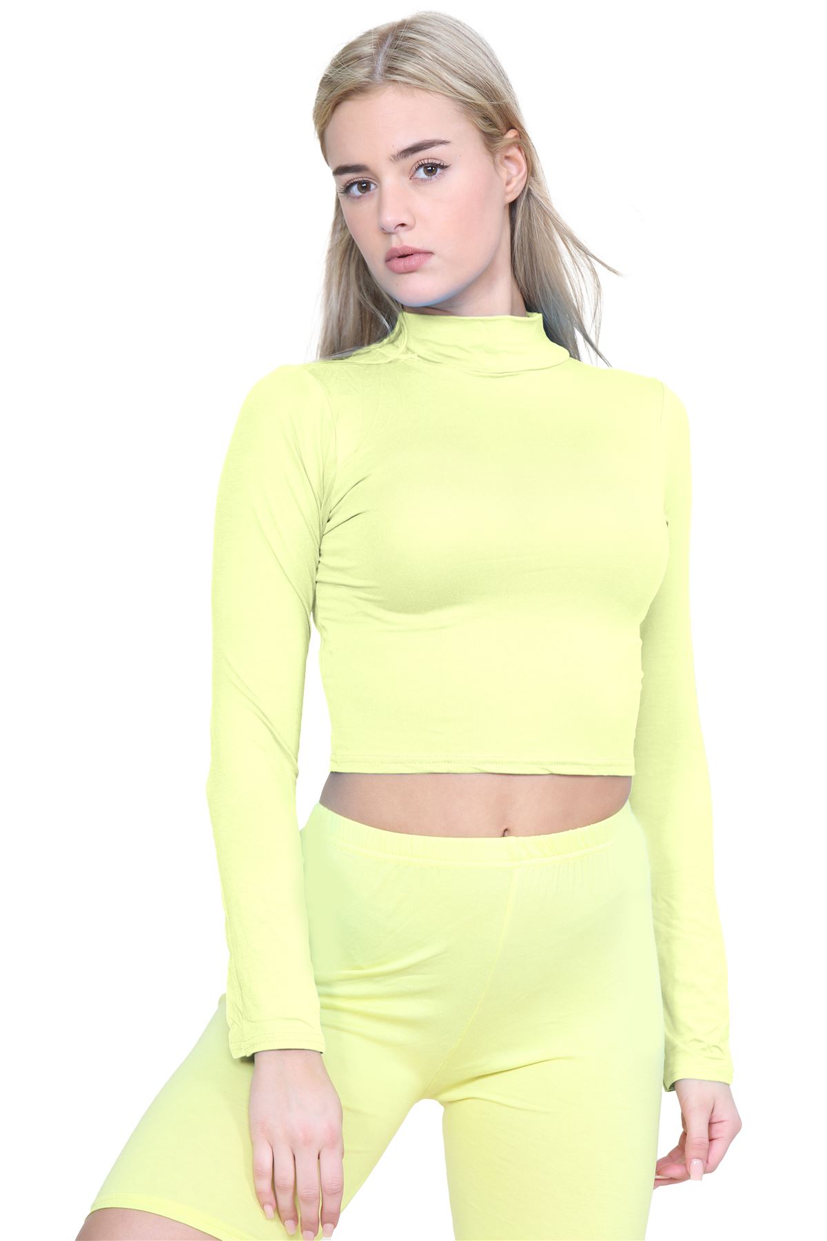Turtle Neck Crop Top Womens Plain Long Sleeve Stretchy Basic Polo Neck T-Shirt - Picture 126 of 129