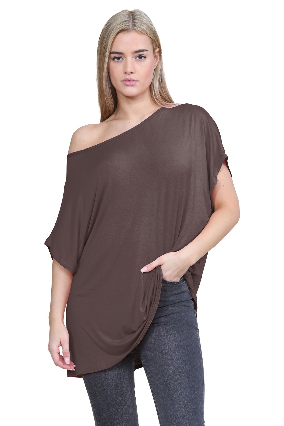 Schulterfreies Damen-T-Shirt Oberteil Fledermausärmel Oversize uni Freizeit Bardot Oberteil - Bild 28 von 225
