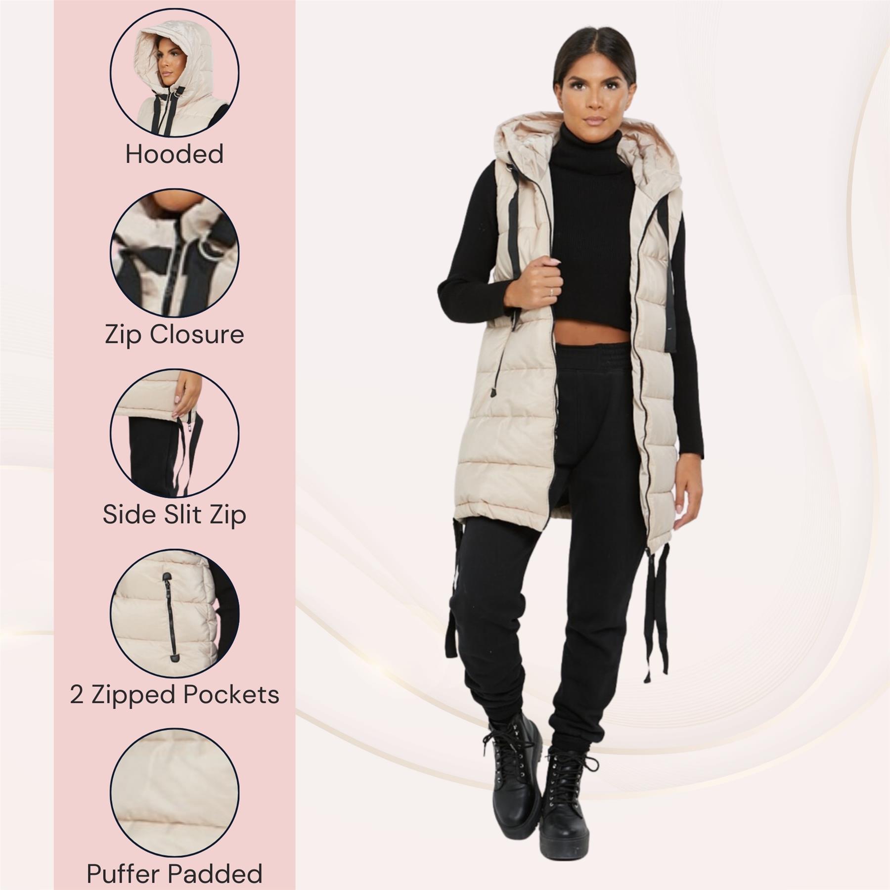 Damas Chaqueta larga acolchada con capucha chaleco acolchada calentador de cuerpo con cremallera - Imagen 38 de 42