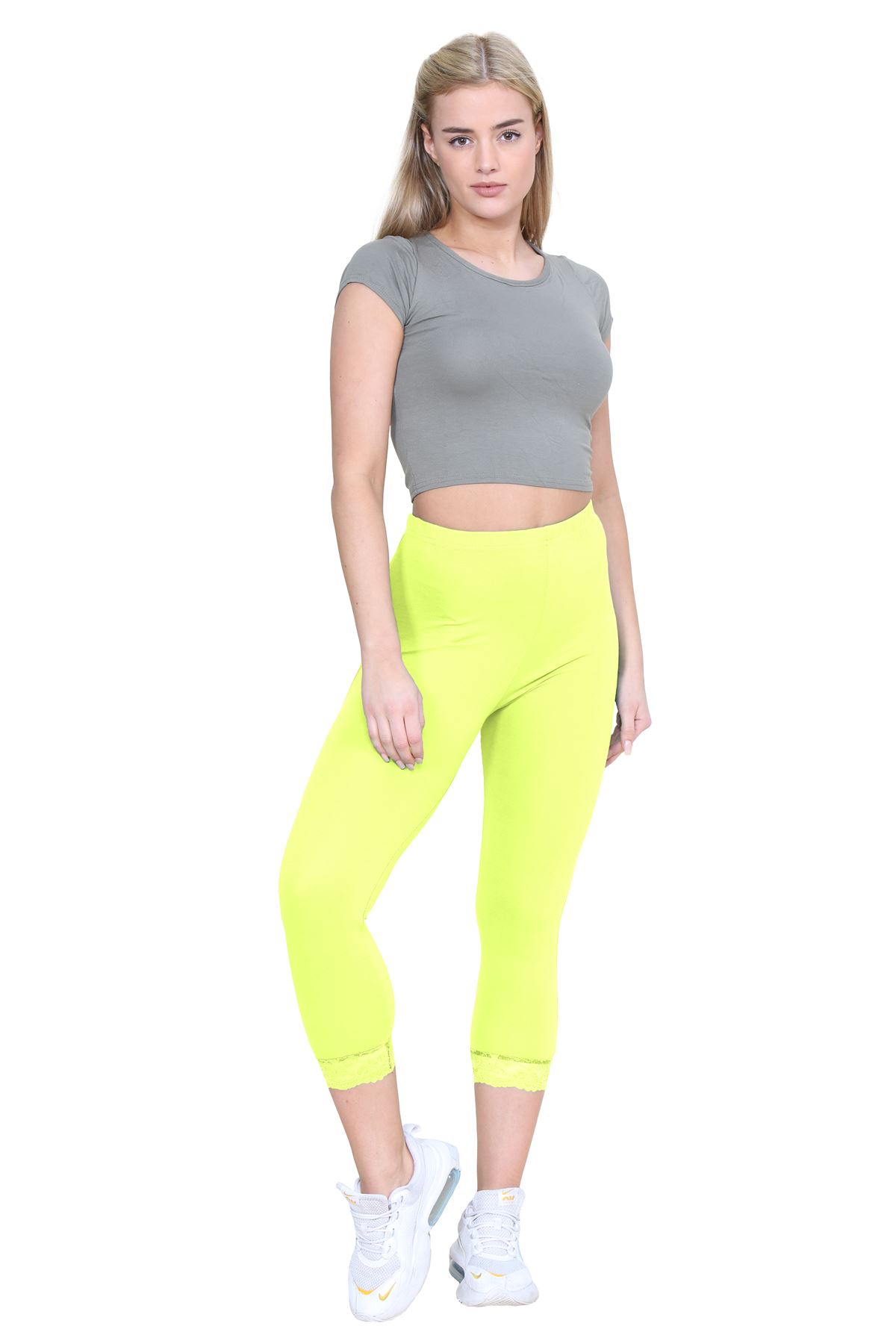 New Ladies Plain Lace Trim Cropped Yoga Stretchy 3/4 Length Capri Leggings Pants - Picture 73 of 132