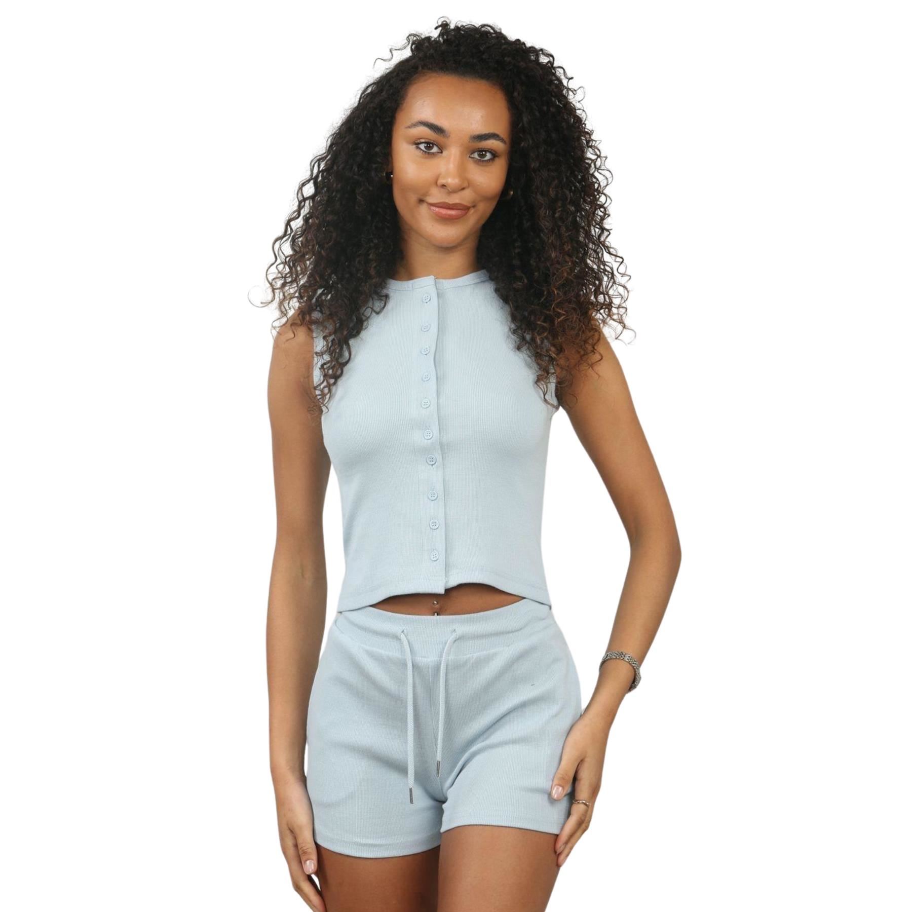 Damen Gerippt Ärmellos Knopfleiste Crop Top und Kordelzug Shorts Loungewear Set - Bild 4 von 49