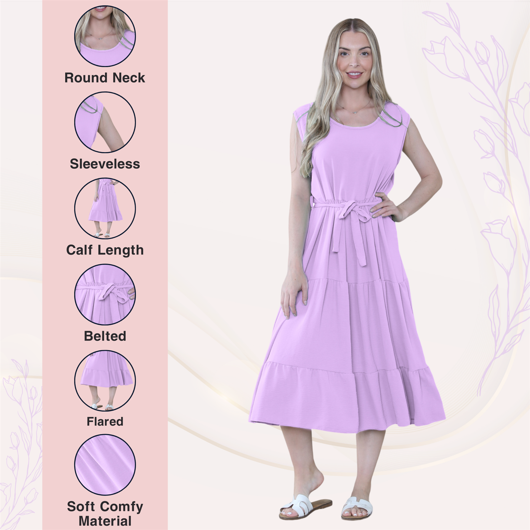 Womens Italian Smock Dress Sleeveless Belted Midi Dress Plain Frill Summer Dress - Picture 50 of 64