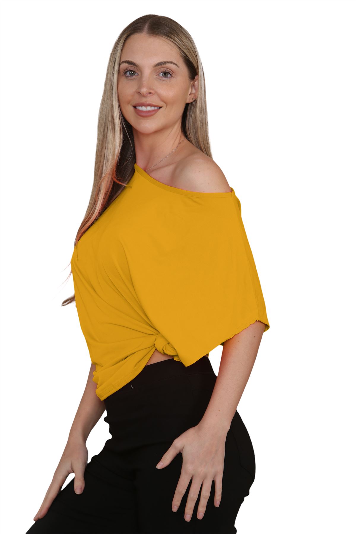 Womens Oversized T Shirt Top Short Sleeve Tie Knot Bardot Off Shoulder Crop Top - Picture 11 of 65