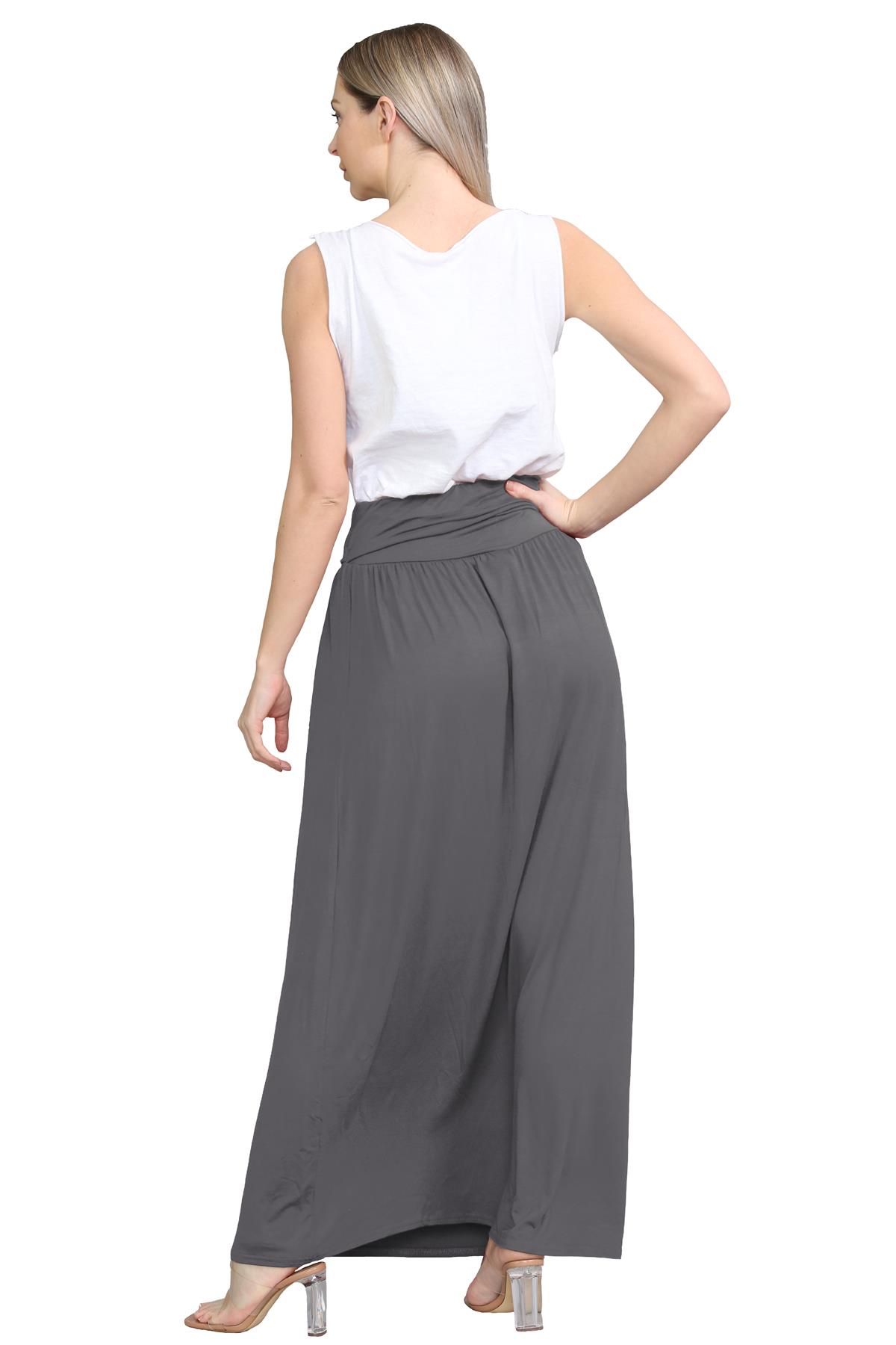 Womens Fold Over Maxi Skirt Plain Pleated Waist Jersey Summer Gypsy Long Skirt - Picture 12 of 68