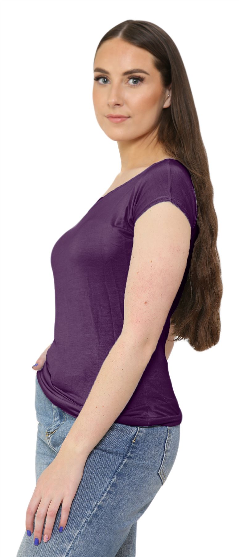 Nuevo Damas Mangas Cortas Hombro Liso Elastizado Calce Ajustado Bardot Camiseta Prenda para el torso - Imagen 34 de 58