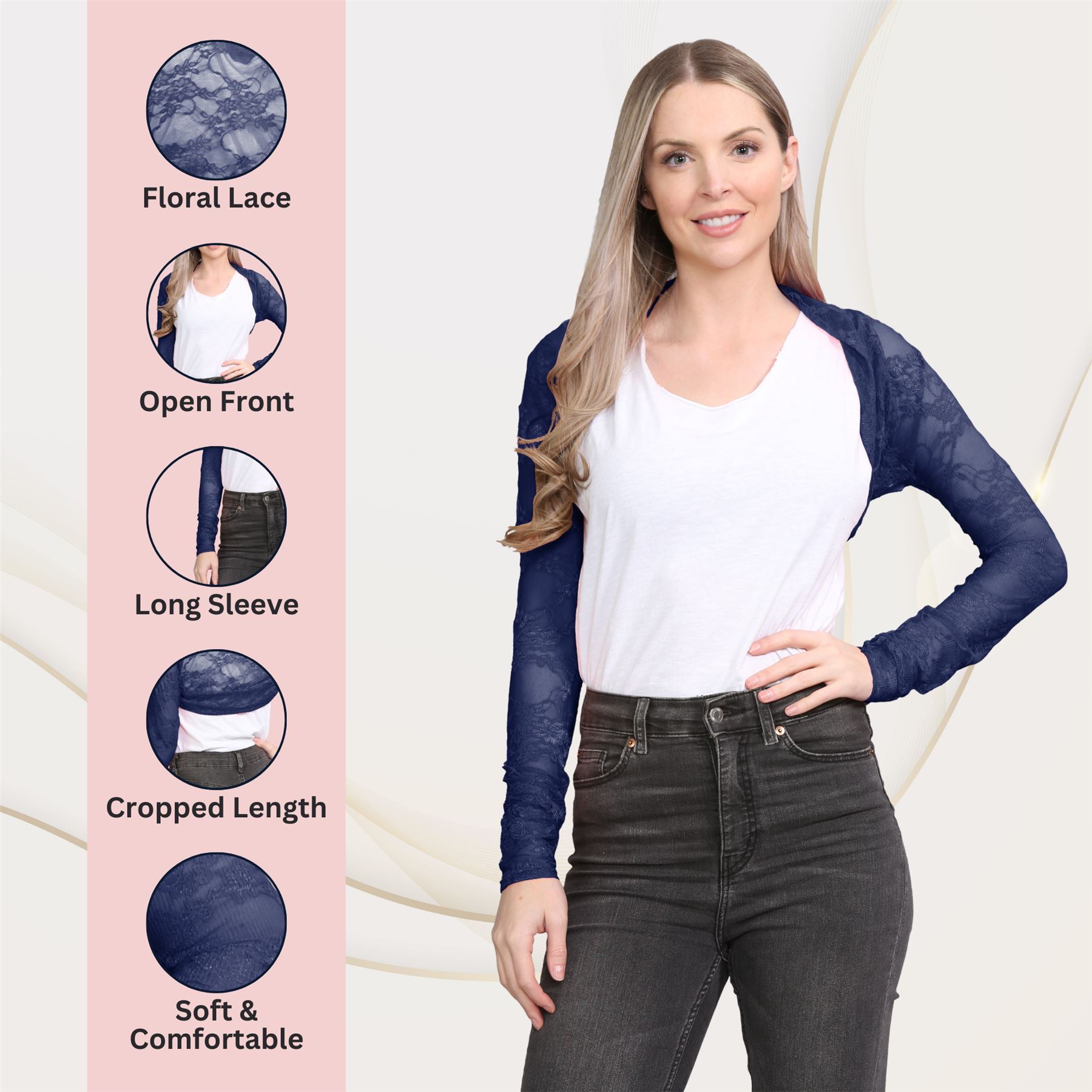 Damen Blumen Spitze Bolero Achselzucken vorne offen lange Ärmel Cropped Cardigan Top - Bild 35 von 79
